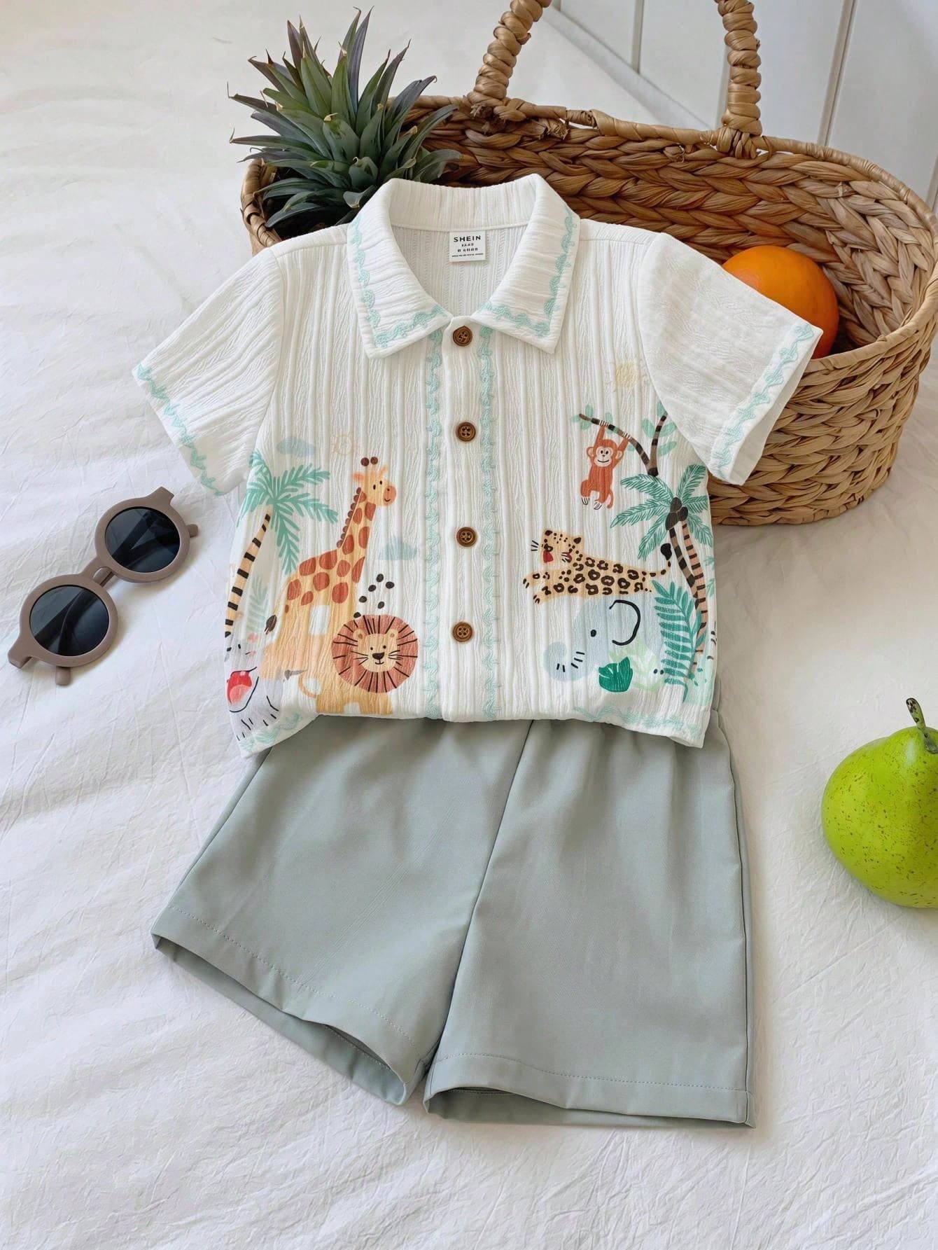 SHEIN 2pcs/Set Baby Boy Cute Casual Summer Fun Cartoon Animal Print Short Sleeve Shirt & Elastic Waist Shorts Set, Adorable Outfit, Infant Boy Set, Shirt Set, Summer Set, Vacation Set