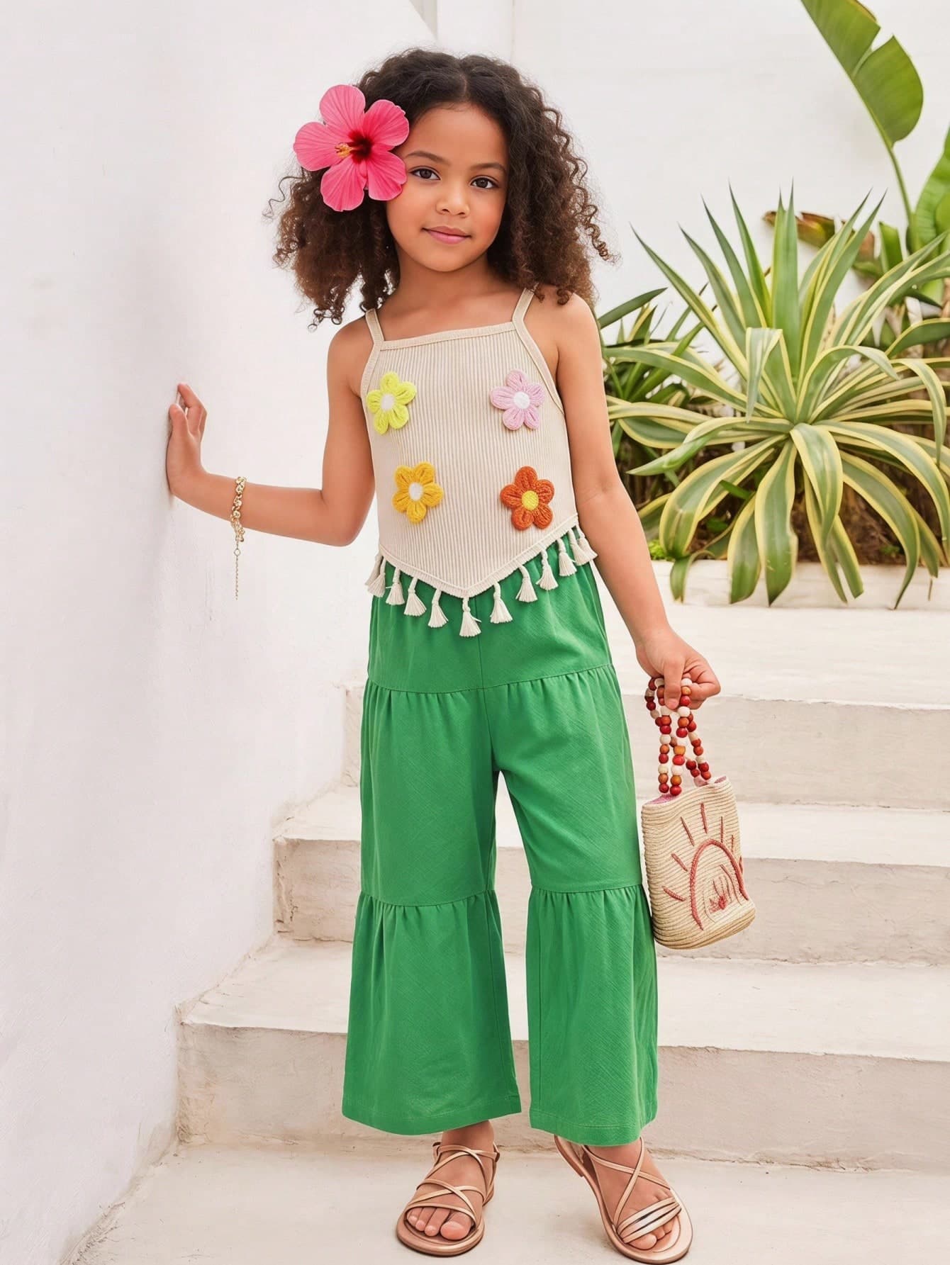 SHEIN Young Girl Floral Decor Tassel Design Camisole Top And Pants Casual Daily Outfit Holiday Summer