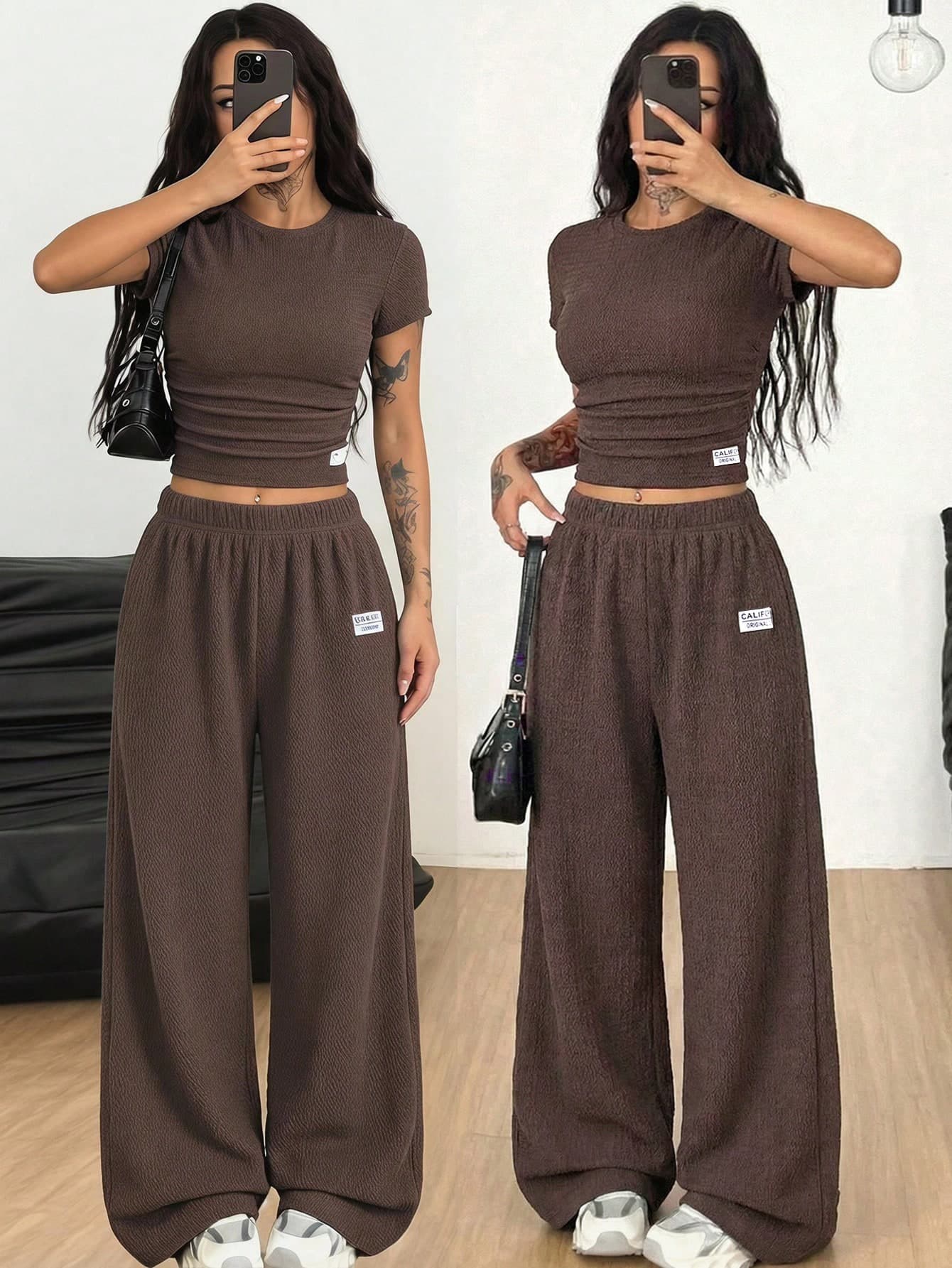 SHEIN Teen Girl Brown Knit Textured Short Sleeve T-Shirt And Leggings 2 Pieces Set, Casual Daily Fashionable Versatile