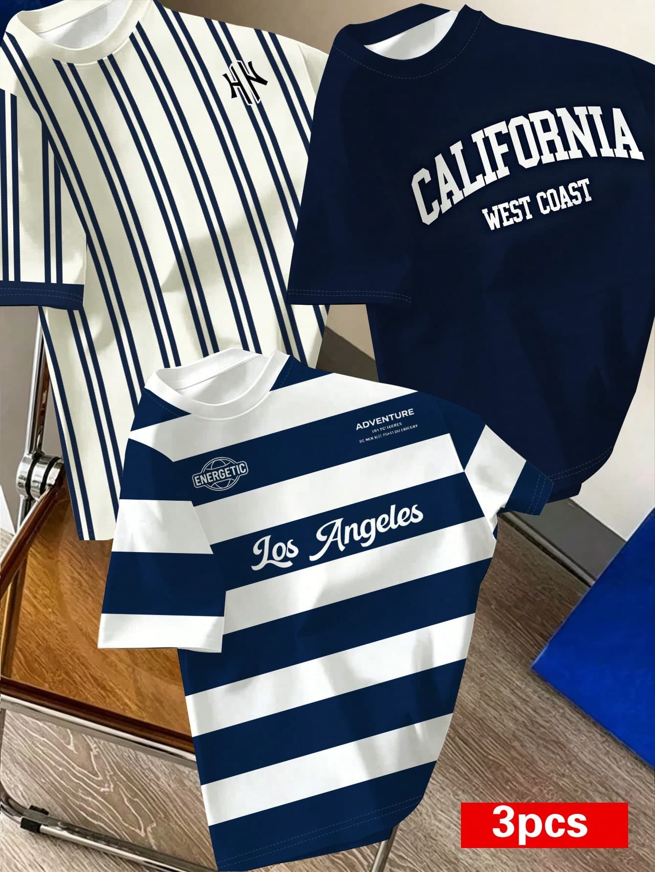 3pcs Boys Short Sleeve T-Shirts, Blue & White Color Block Design, Cool & Stylish, Fashion Casual Versatile Summer Style, Suitable For School