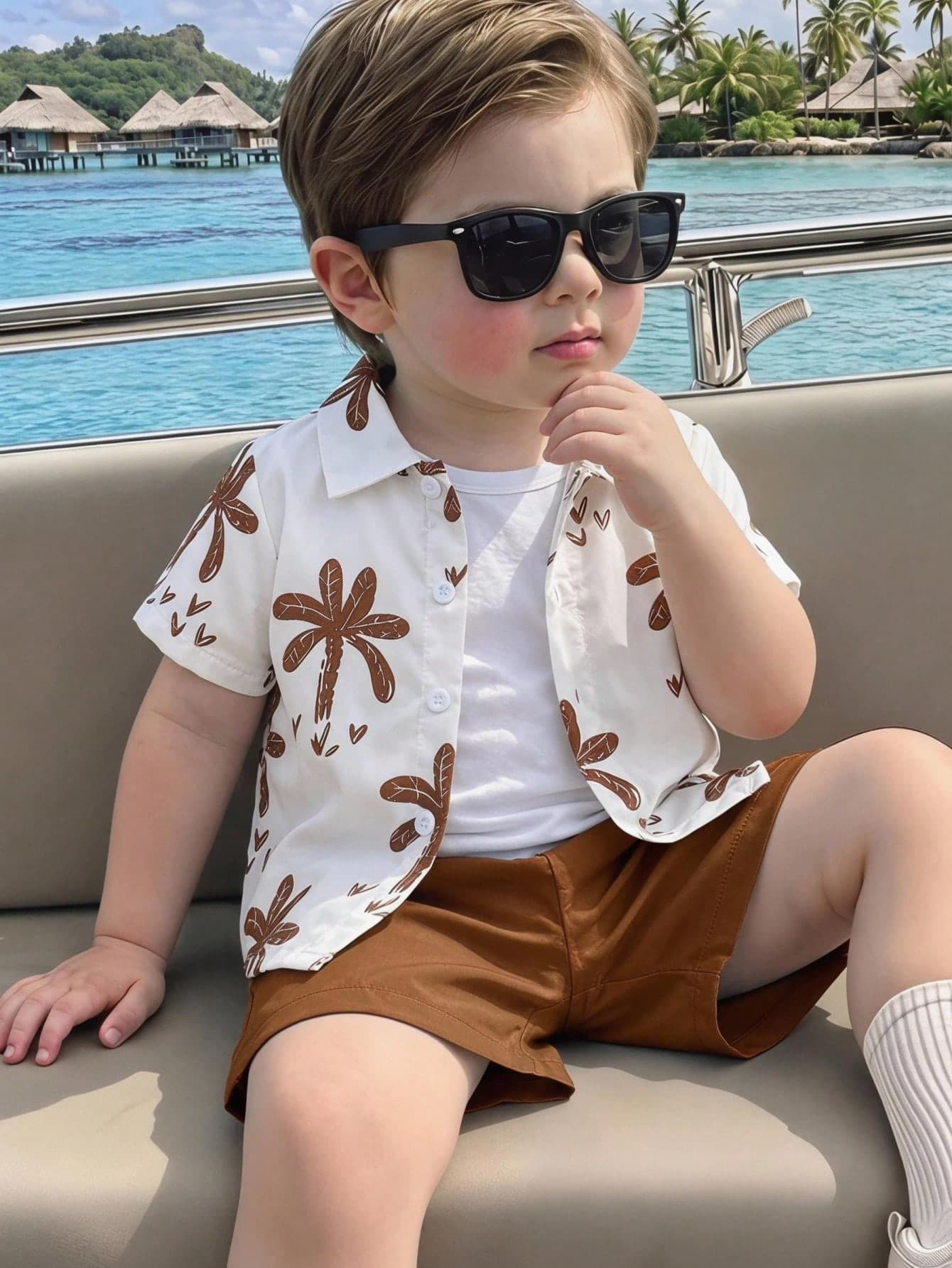 SHEIN Playful Pals 2pcs Toddler Boys' Casual Palm Tree Print Short Sleeve Polo Shirt And Matching Brown Shorts Set, Summer