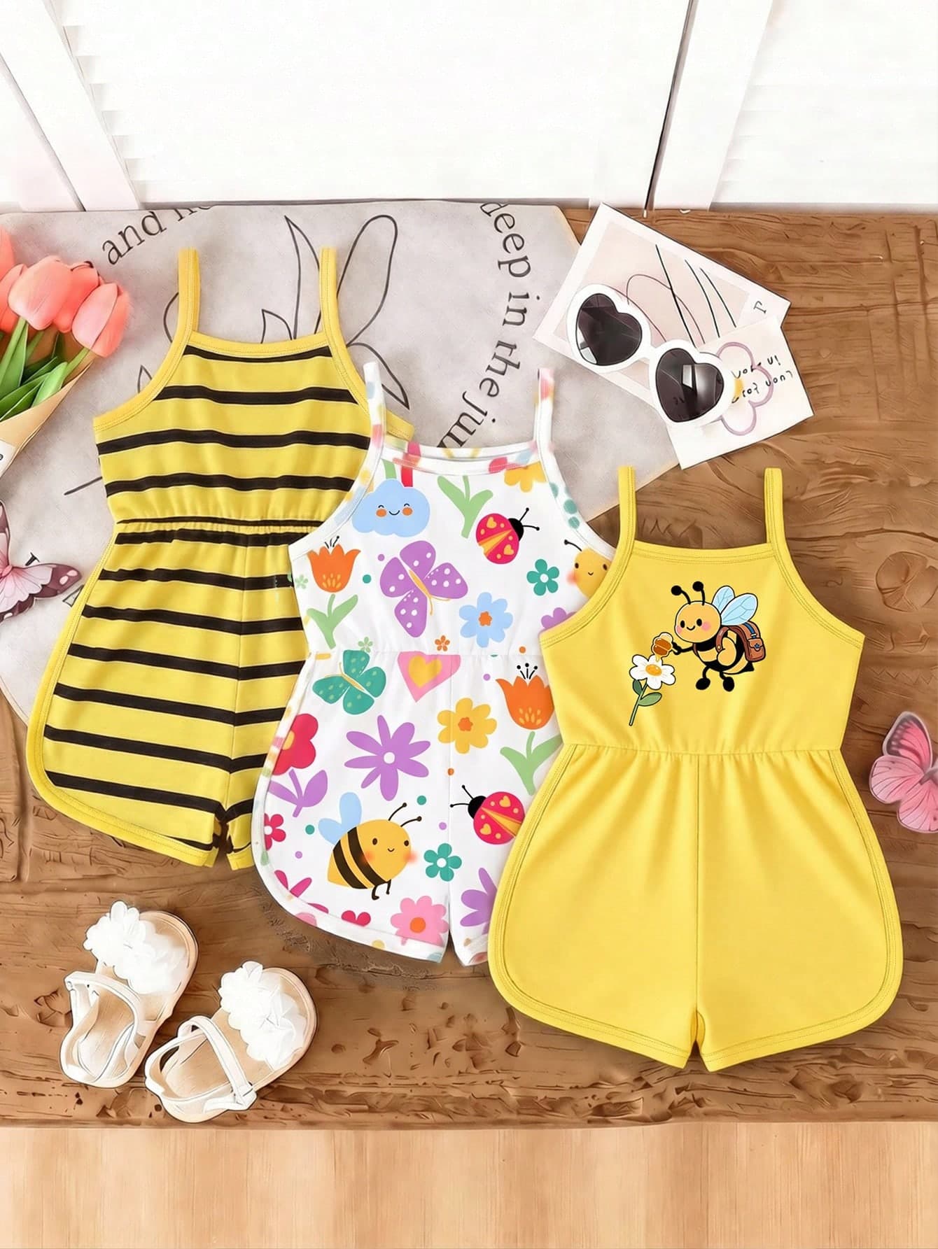 3pcs/Set Baby Girls Summer New Soft Fabric Cute Little Bee Pattern Spaghetti Strap Round Neck Casual Romper