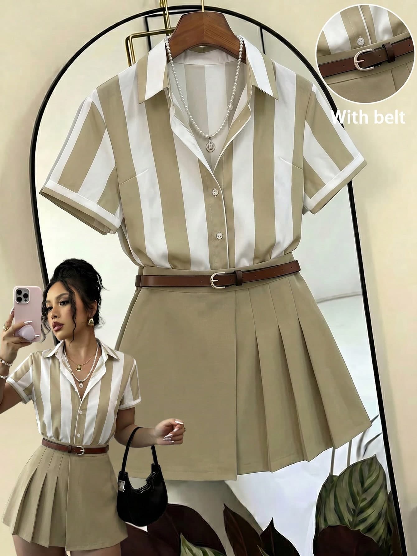 Franclia Summer Casual Khaki Short Sleeve Shirt And Skirt Two Pieces Set Back-To-School