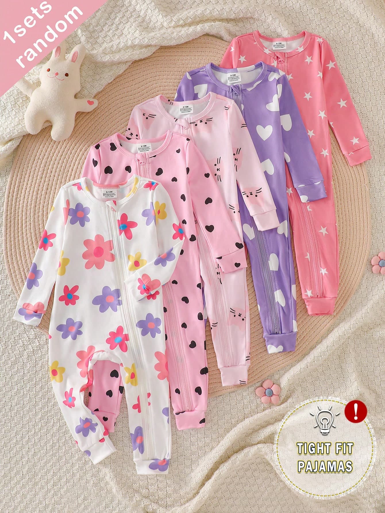 Random 1Pcs Send Baby Girl Long Sleeve Long Pants Tight Bodysuit Cartoon Cute Cat Heart Star Flower Simple Casual Comfortable Soft Loungewear Snug Fit