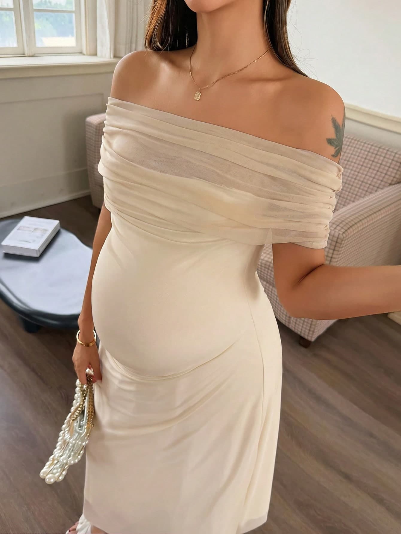 Dazy Maternity Chiffon Patchwork Wrap Sexy Party Dress Bodycon Midi Off-Shoulder White Elegant Maternity Dress Summer