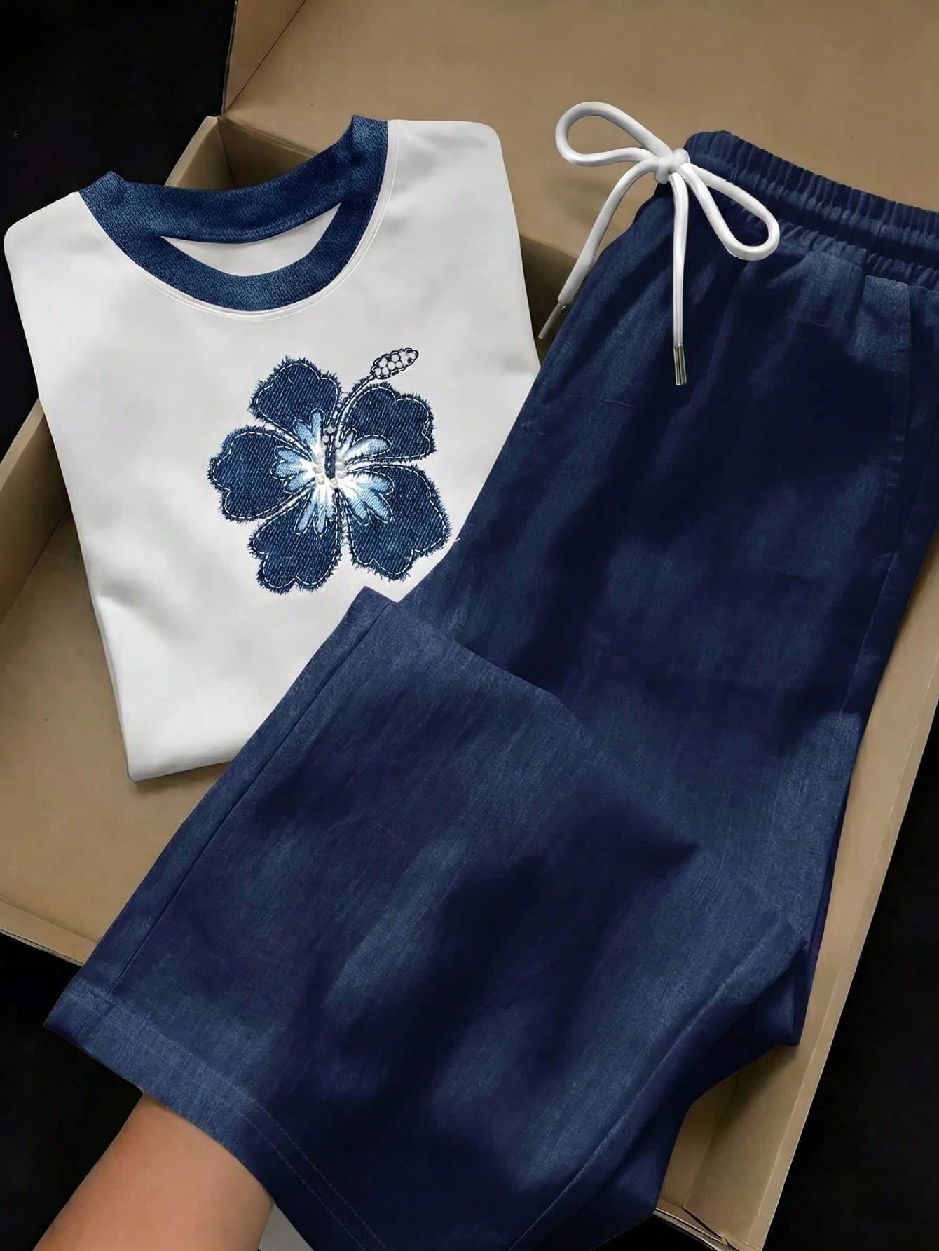 Divinelle 2pcs Set Embroidered Round Neck Short Sleeve Top And Striped Print Pants, Casual