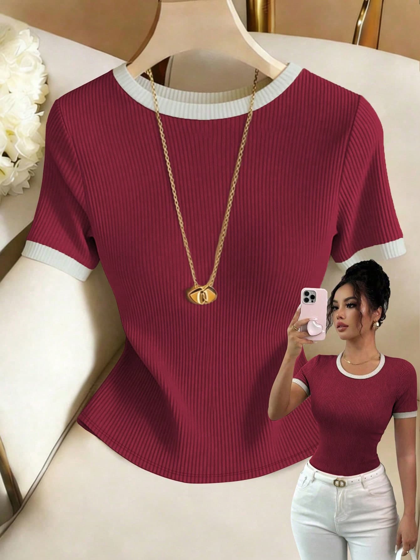 Elenzga Women's Contrast Trim Short Sleeve Round Neck Knit Textured T-Shirt