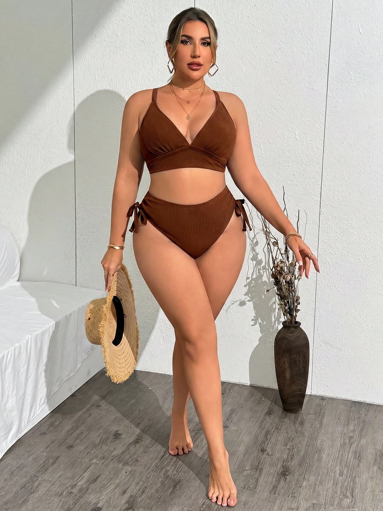 Swim Vcay Vacation Textured Fabric Adjustable Plus Size Swimsuit Set Beach Summer Sexy