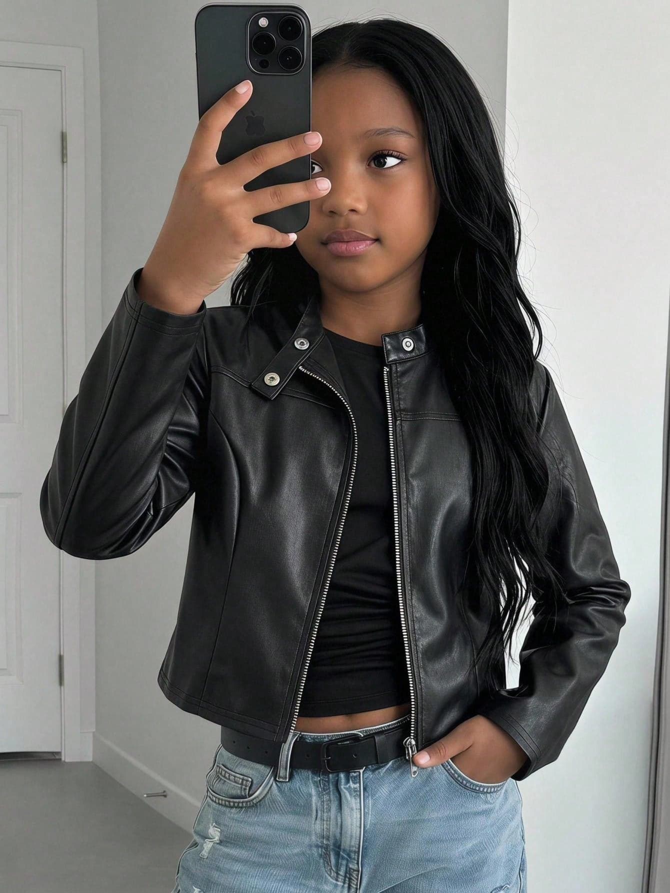 SHEIN Tween Girl Tween Girl Casual Street Style Lapel PU Leather Short Jacket For Older Girls (With Metal Front Zipper), Black Faux Leather Short Jacket, Suitable For Autumn/Winter