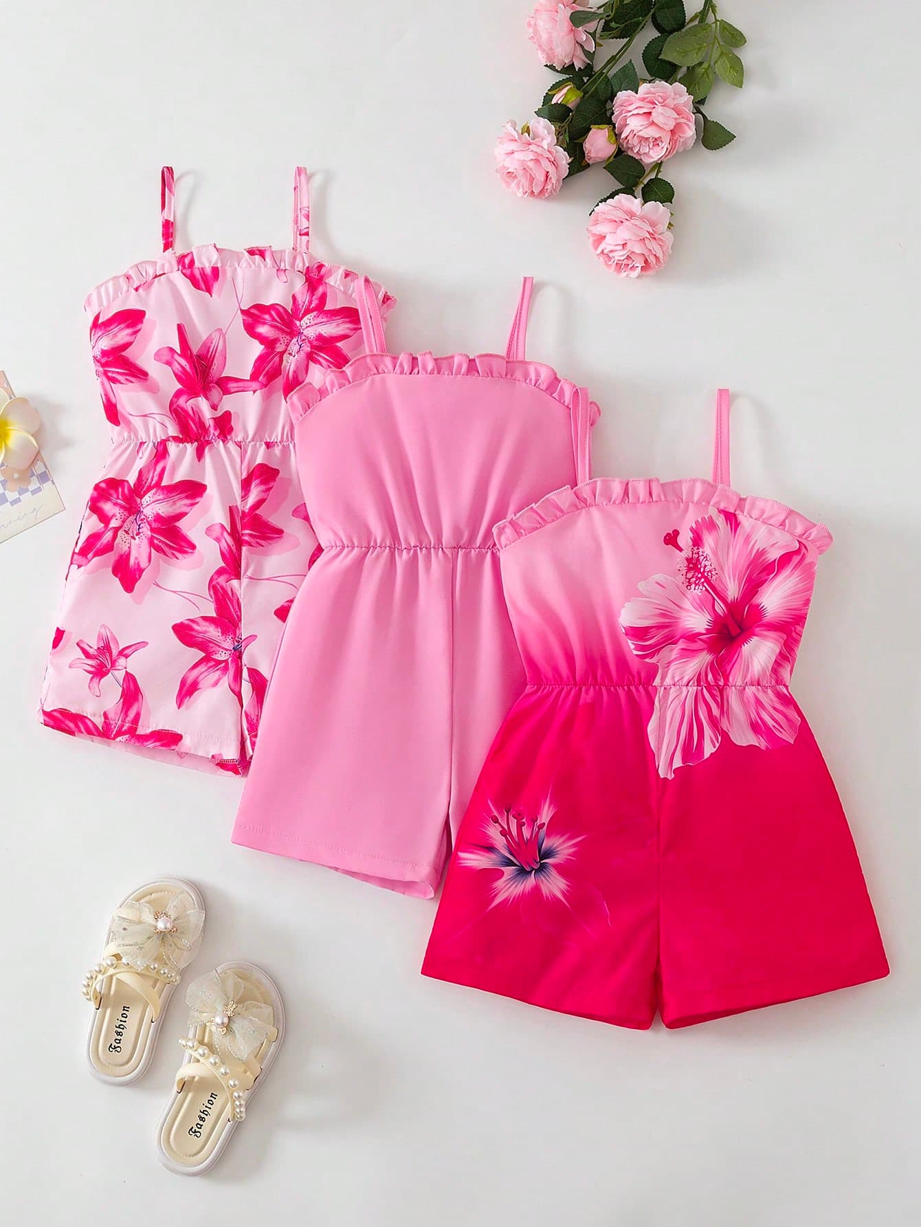 Sparklyn 4-7 Years Old Girls Woven 4-Way Stretch Spaghetti Strap Jumpsuit 3-Piece Set, Sweet Casual Vacation Style, Solid Color And Botanical Floral Print, Versatile Soft Comfortable Waist-Defining Jumpsuit, Suitable For Daily Commute, Outdoor Activities, Showcasing Lively And Cute