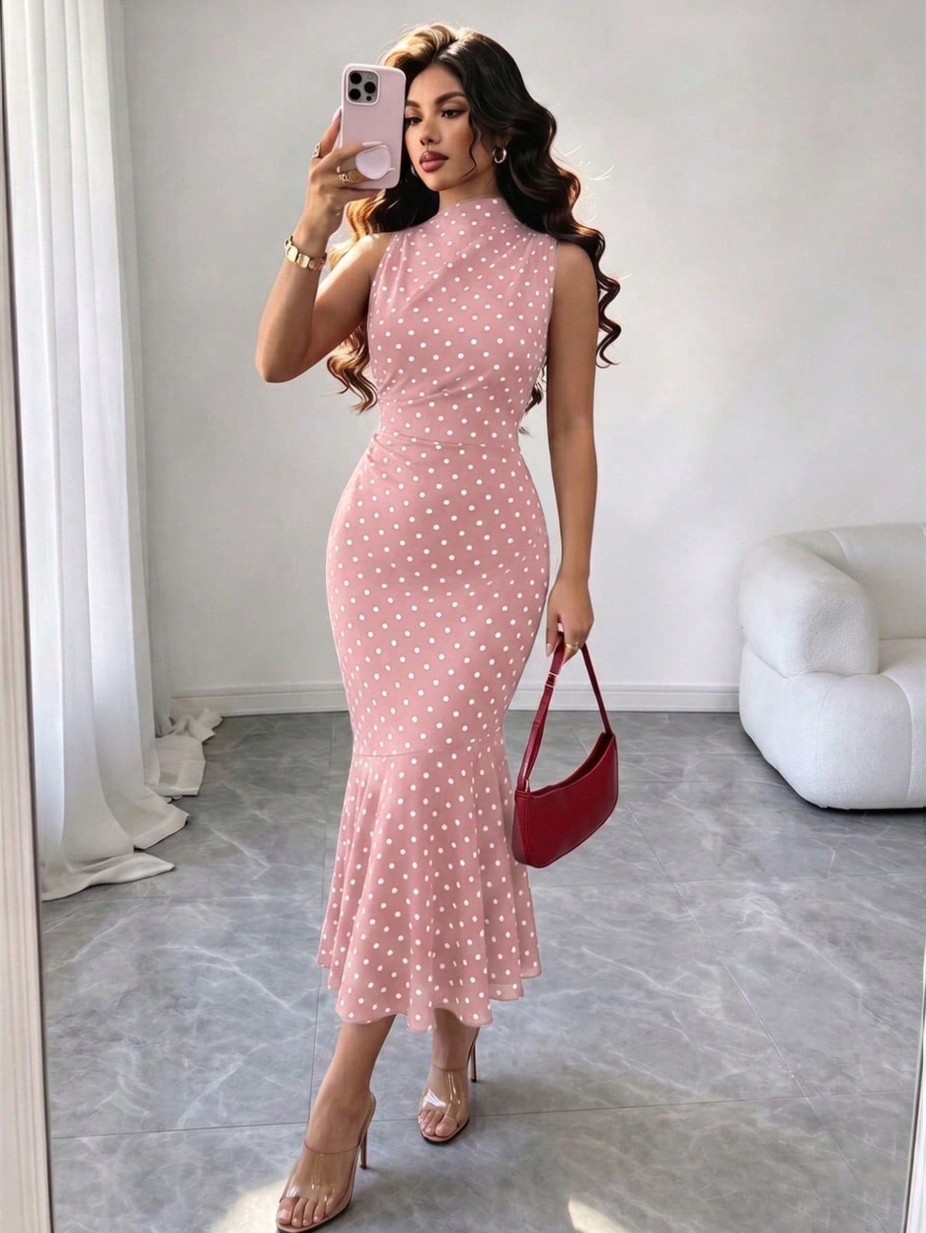 Rafferiza Women's Polka Dot Waist-Cinched Slimming Bodycon Mermaid Dress