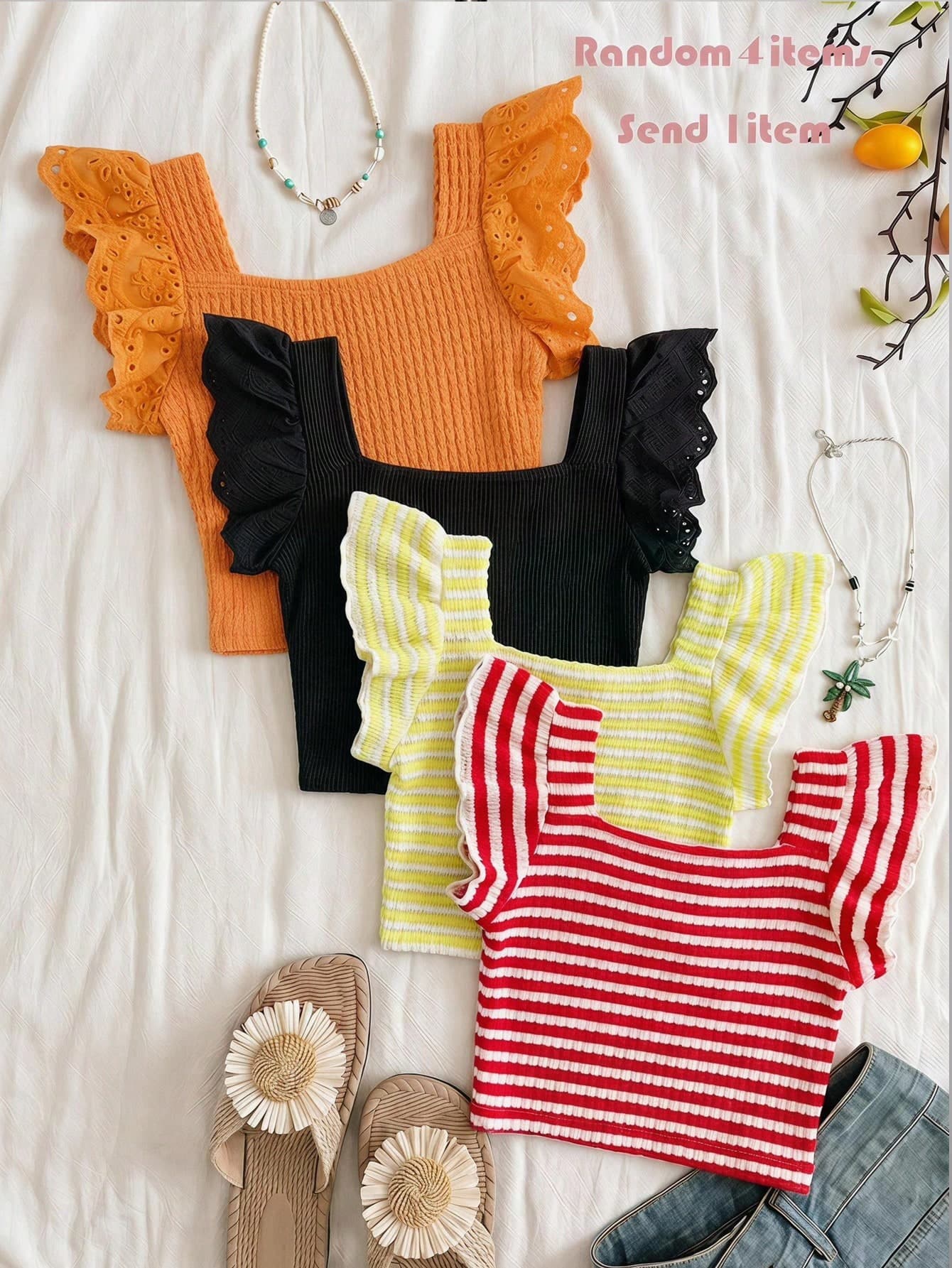 Young Girl Cream Yellow Square Neck Flutter Sleeve Top & Textured Vertical Stripe Fabric & Lace Hollow Out Design & Short Slim Fit Children's Knit Sweater & Summer Lightweight Little Girl Undershirt & Sweet Princess Style Casual Children's Clothing & Design Sense Cute Ruffle Sleeve Girls T-Shirt