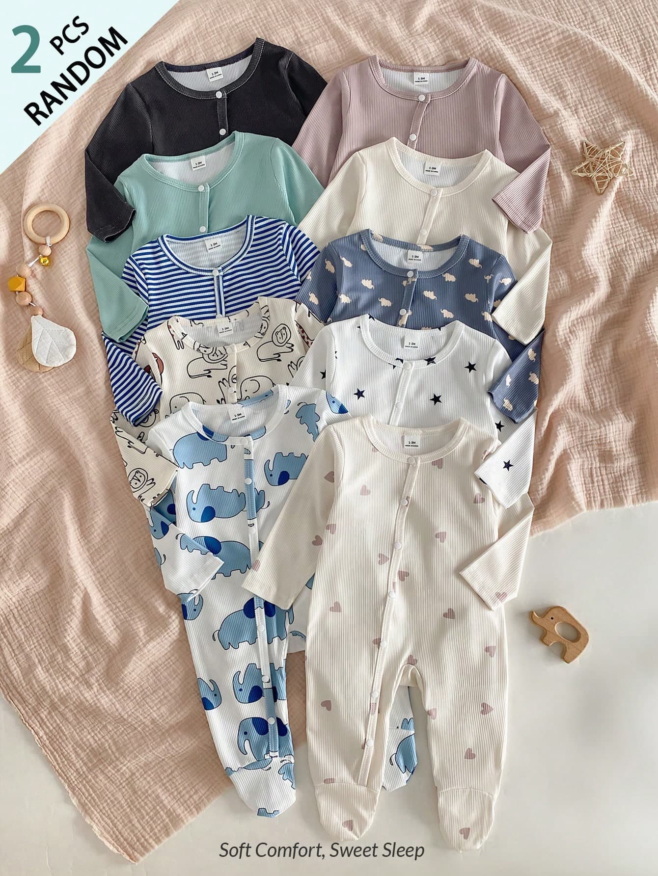 Random 1sets Newborn 0-12 Months Jumpsuit Forest Style Cute Ditsy Floral With Chain Craft Contrast Color Fresh Style Long Sleeve Footed Open Crotch