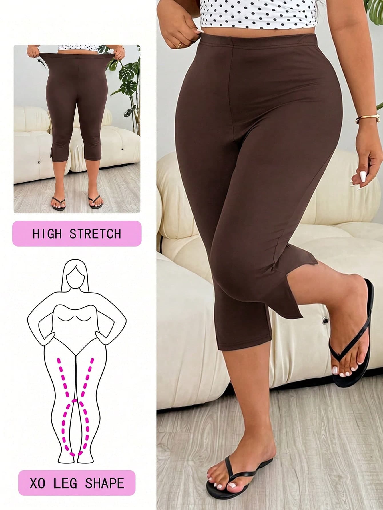 Solflare Chocolate Brown Plus Size Women's Capri Leggings, Spring/Summer Clothes