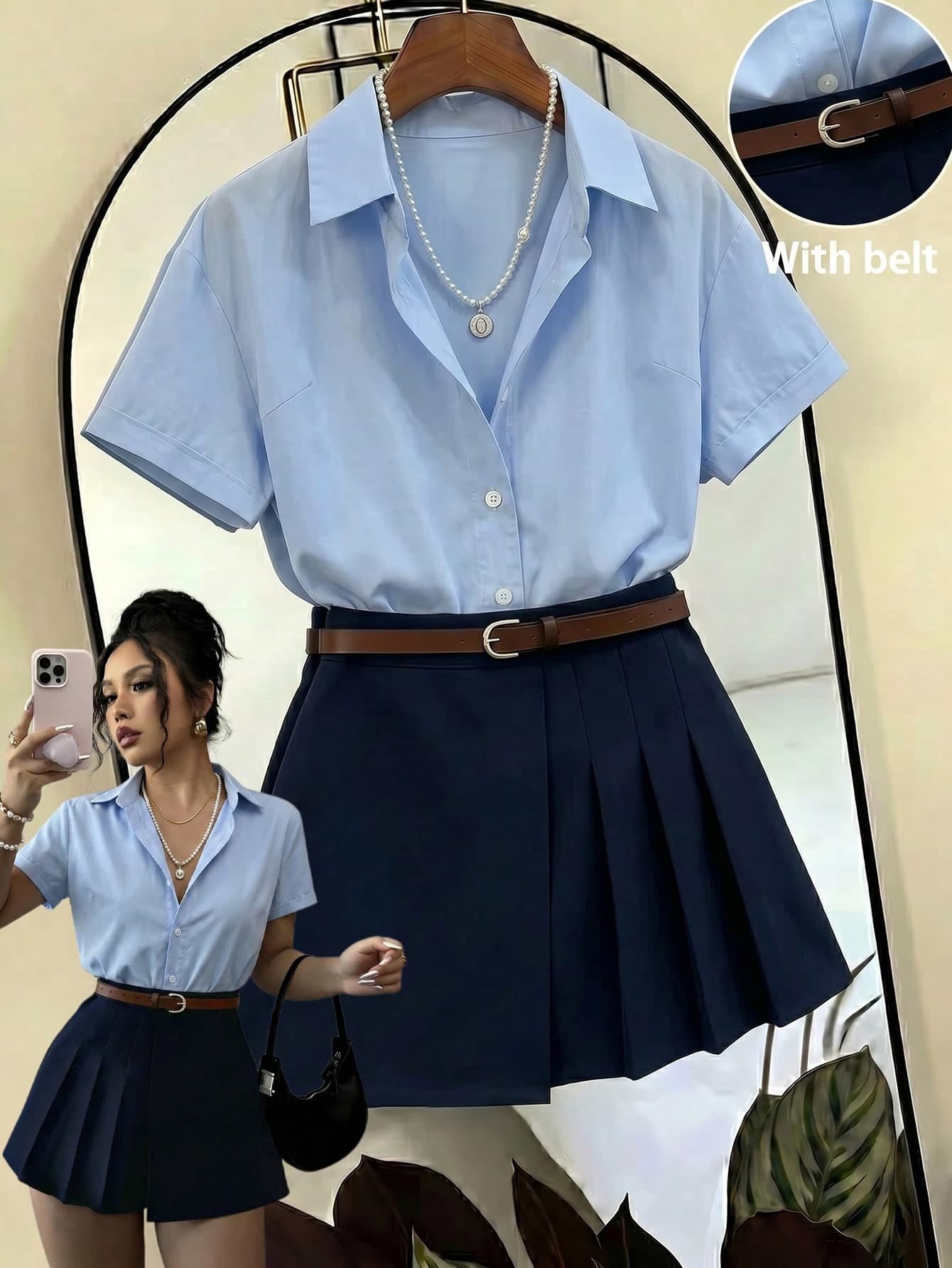 SHEIN Franclia Women's Summer Casual/Office Commute Solid Color Short Sleeve Shirt And Belted Pleated Skirt Set