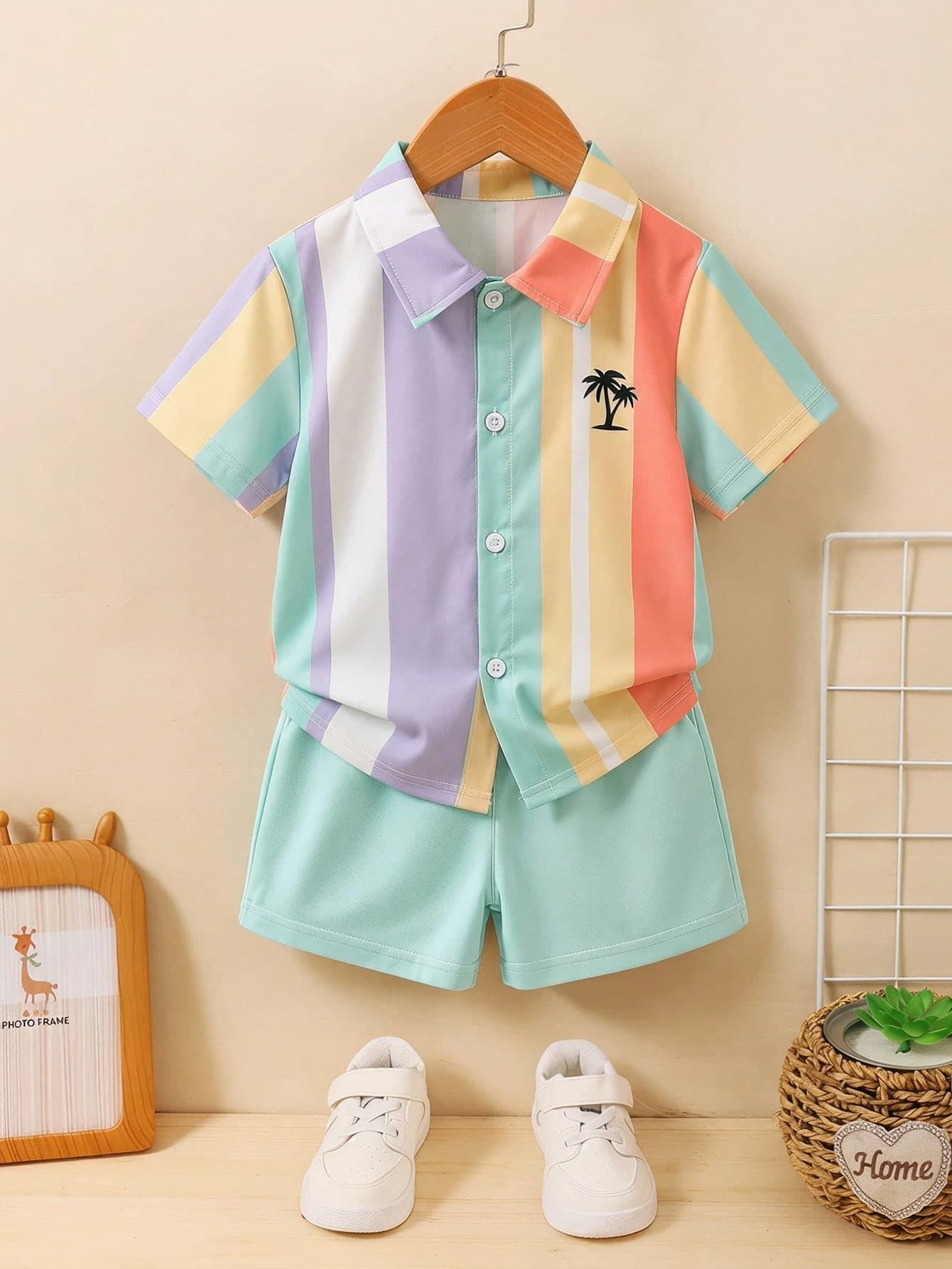 SHEIN 2pcs Young Boy Casual Striped Print Short Sleeve Shirt And Shorts Set, Suitable For Summer Daily Casual Wear, Holiday Beach Vacation, Children's Summer Outfit