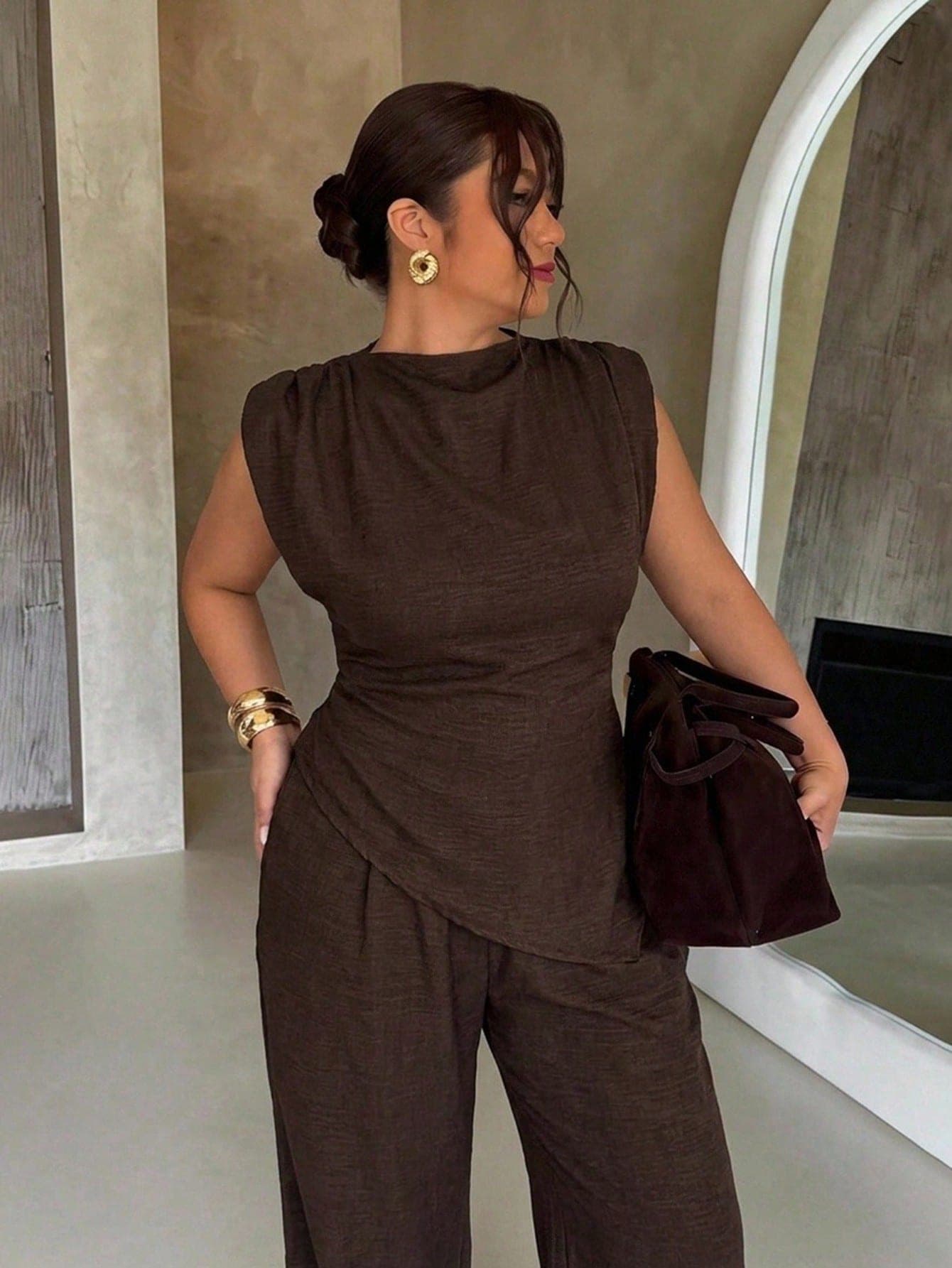 Firerie Brown Summer Elegant Semi Formal Women's Minimalist Sleeveless Asymmetric Ruched Waist Shirt,Linen Commute Office Tea Party Outfit,High-End Party Wear