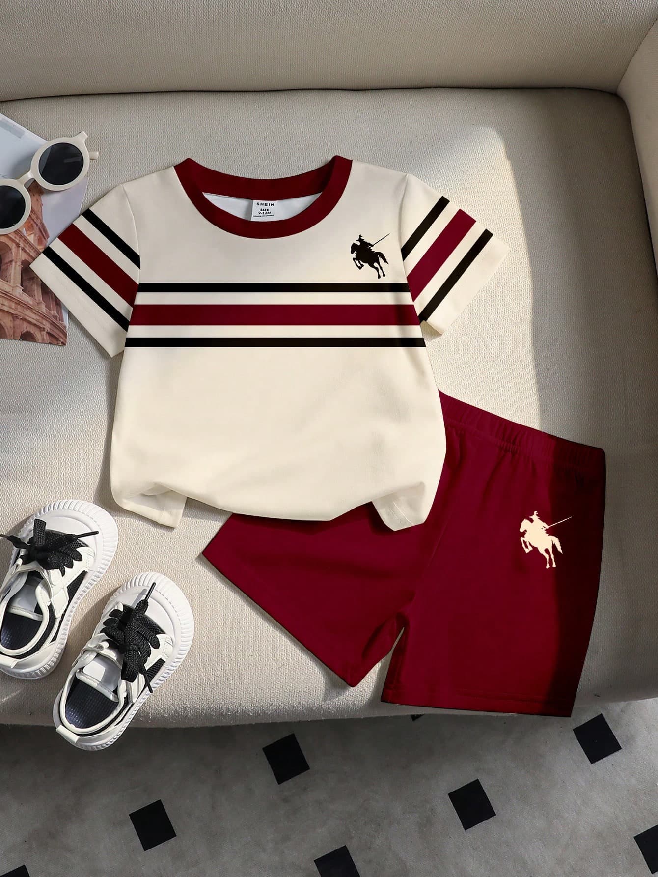 Souflis Souflis Toddler Casual Khaki & Burgundy Classic Colorblock Striped Knight Logo Print Crew Neck T-Shirt And Matching Print Shorts Set, Sports Outdoor Casual