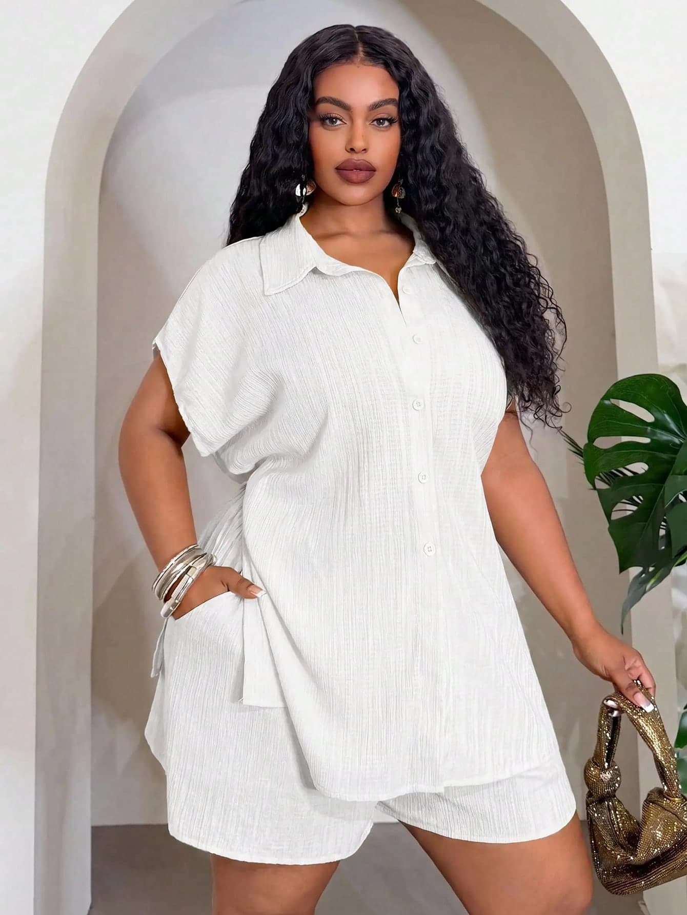 Slaydiva Plus Size Women Solid Color Batwing Short Sleeve Shirt And Shorts Casual Two Pieces Set Beach Vacation White Summer