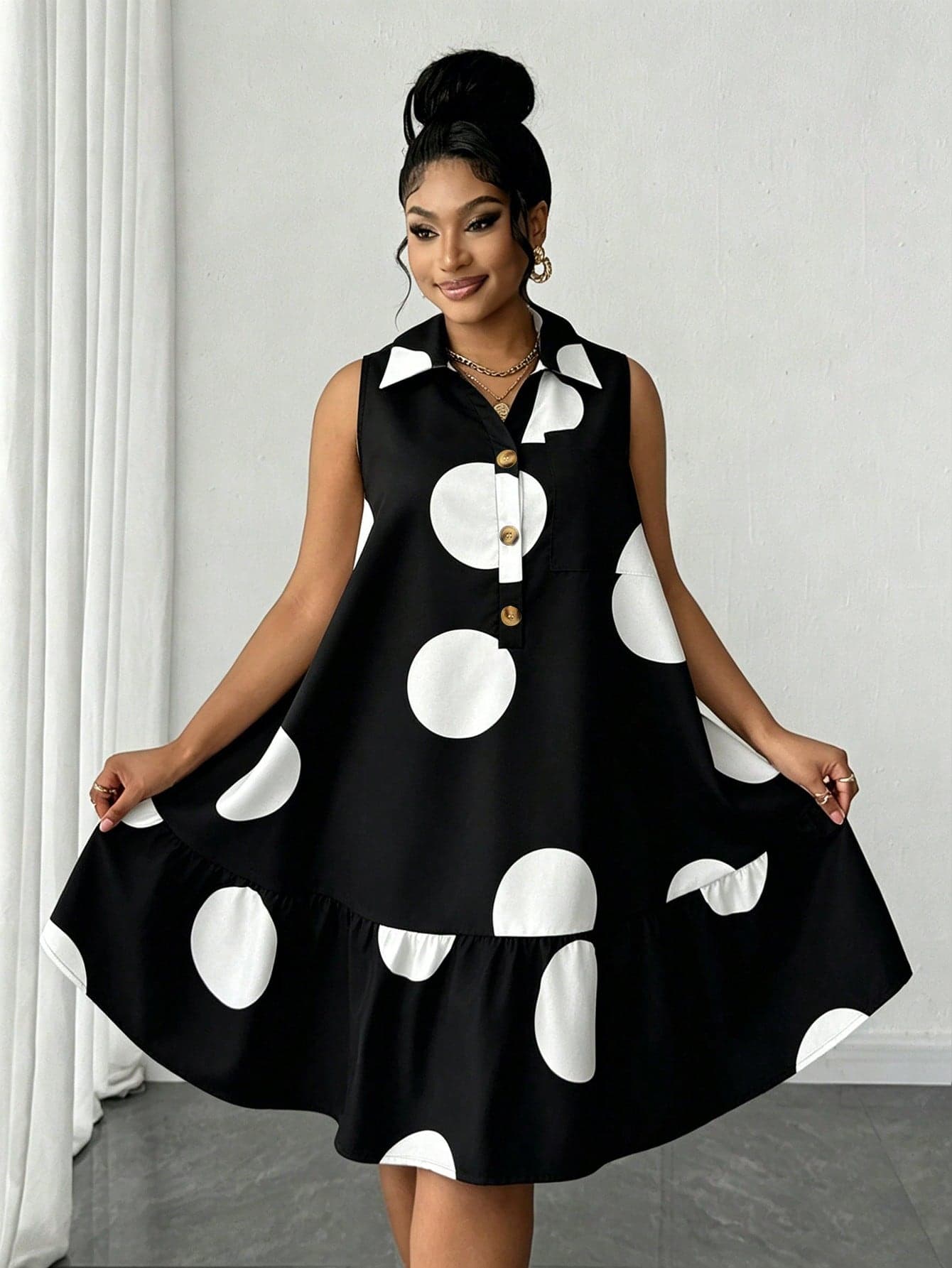 Maweii Plus Size Women's Summer Black And White Base Large Polka Dot Print Shirt Collar A-Line Loose Short Sleeveless Dress, Beach Holiday Outfit, Tea Party