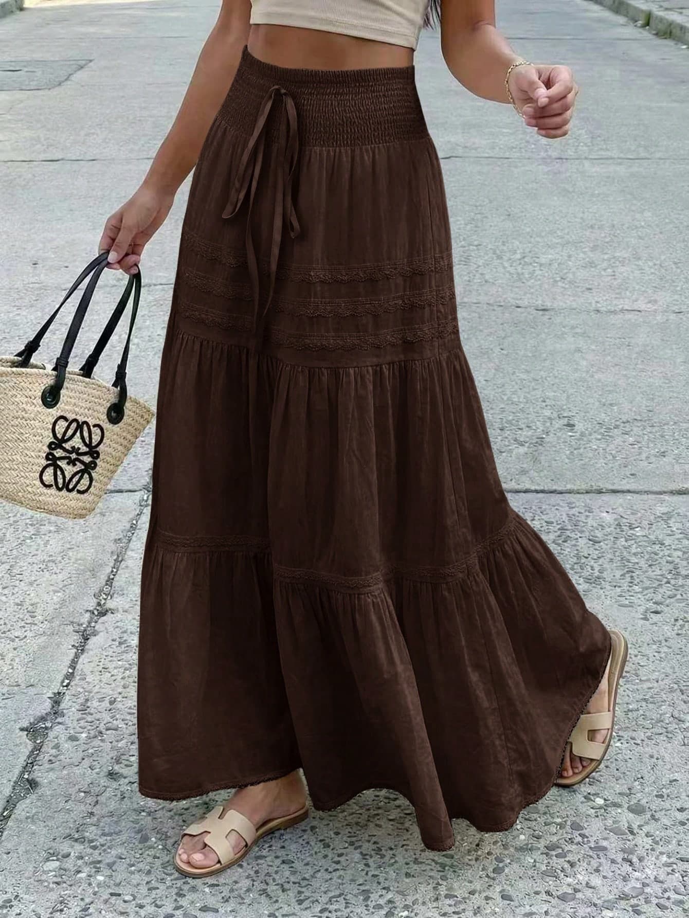 Glimmora Women's Solid Color Drawstring Waist Pleated Casual Versatile Daily Outing Skirt