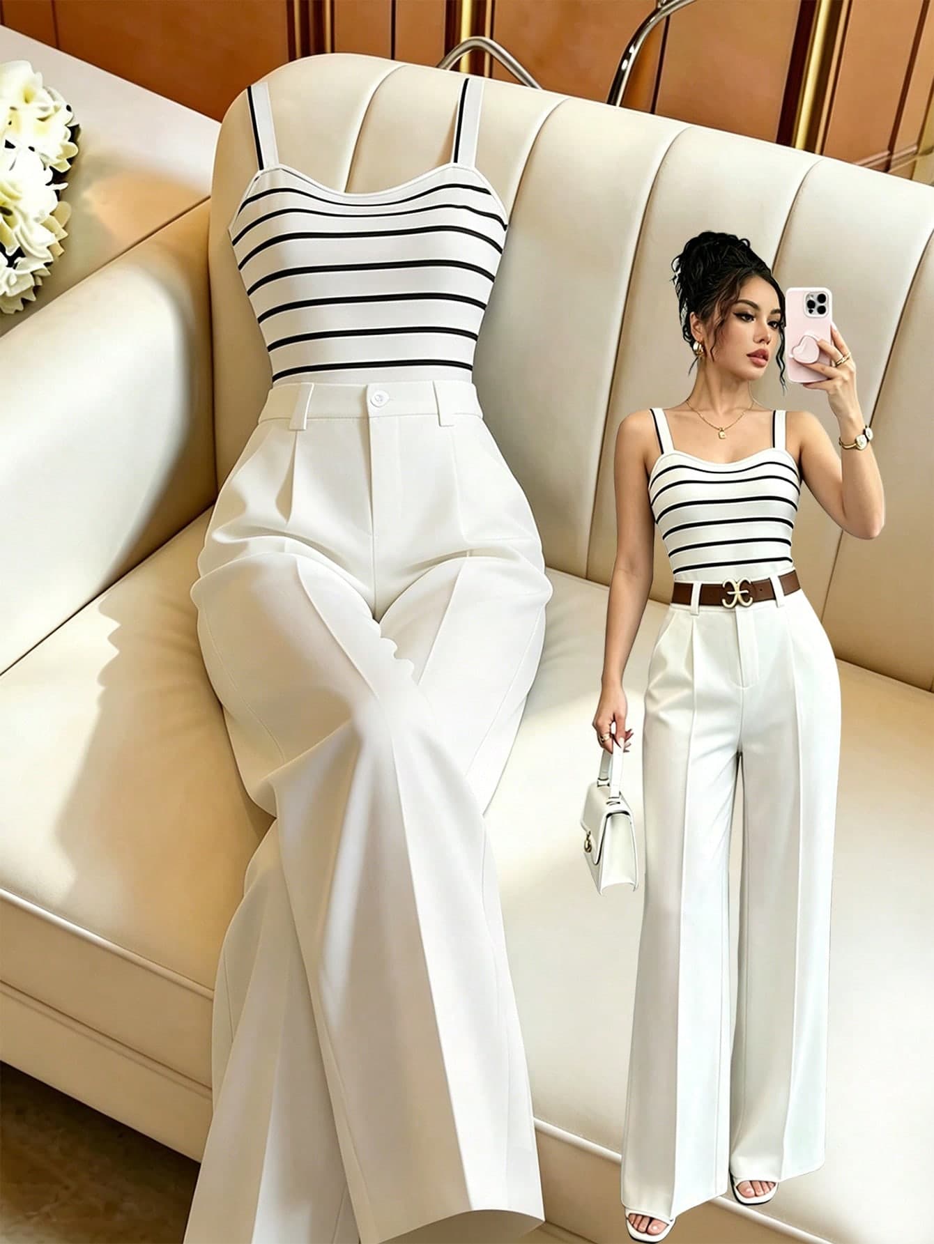 Elenzga Women's Striped Colorblock Cami Top And Long Pants Casual Everyday 2 Pieces Set