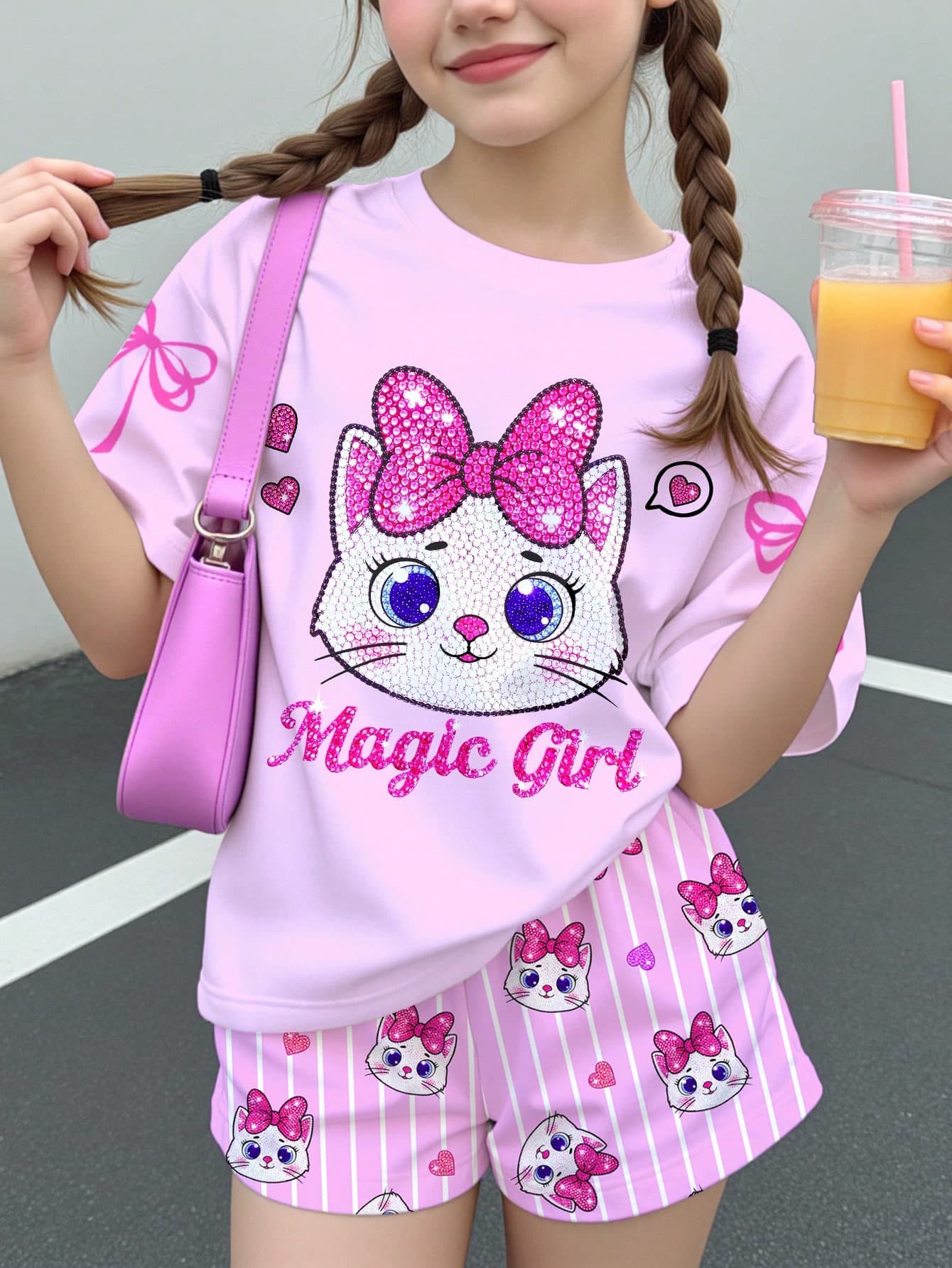 Young Girl Casual Cute Shiny Texture Cartoon Kitty Cat Pattern, Pink Bow, Cream Pink White Plaid, Short Sleeve Shorts Two Pieces Set Suitable For Summer, Graphic, Kawaii, Y2K, Cozy, Girls Outfit Sets, Cute