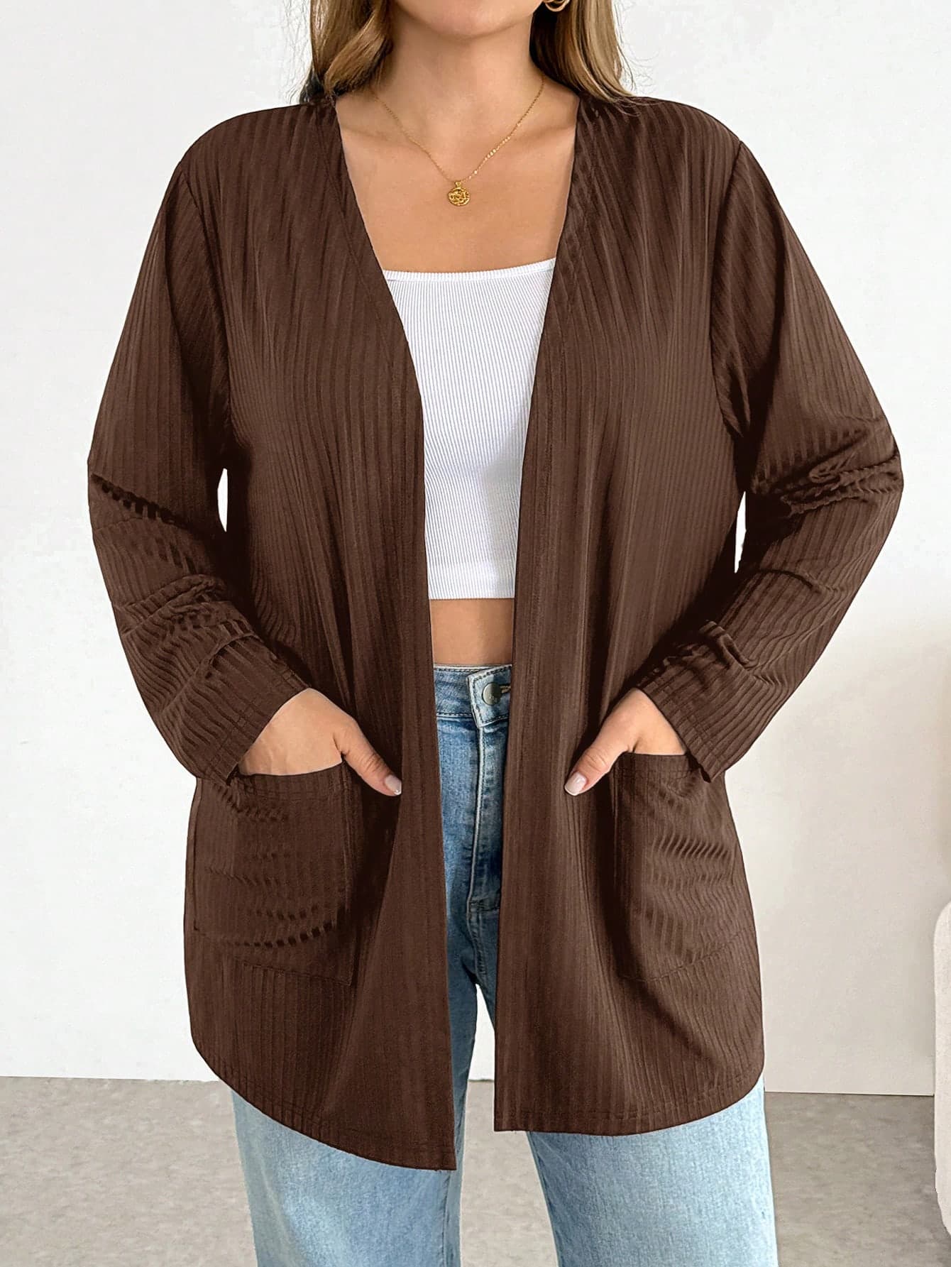 SHEIN Essnce Plus-Size Women's Spring/Summer Fashion Casual Loose Comfortable Basic Versatile Long-Sleeved Black Cardigan,Spring Outfits,Simple Style ,Work Tops