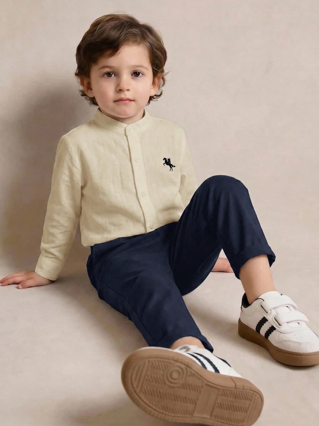 PrepCrw Young Boys Preppy Style Logo Embroidered Stand Collar Long Sleeve Shirt/Long Pants Set