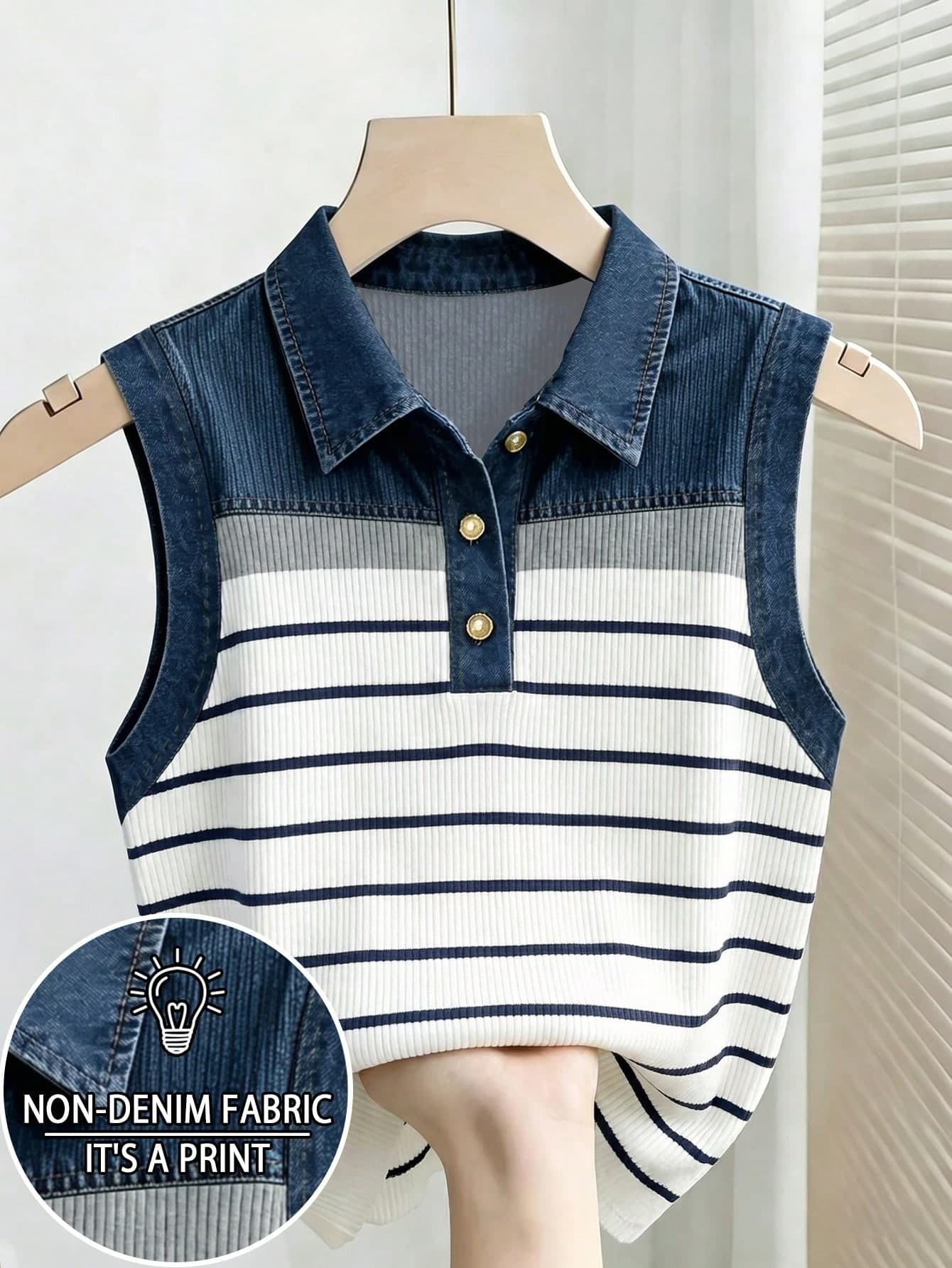 SHEIN Women's Striped Polo Collar Casual Versatile Tank Top