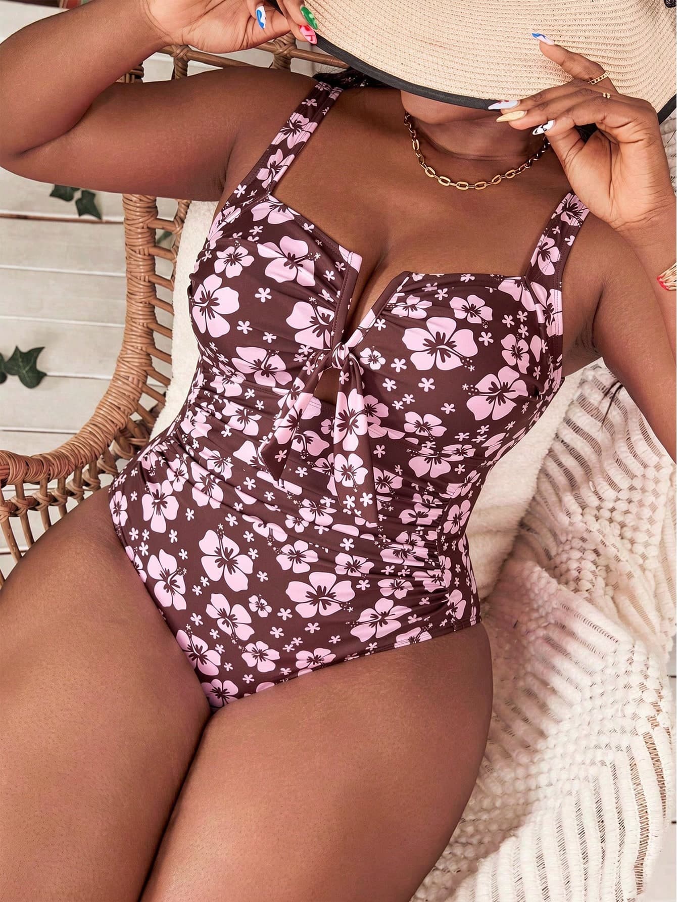 Slaydiva Plus Size Women's One-Piece V-Neck Lace-Up Bust Ruched Waist & Belly Flattering Slimming Sexy Nightclub Party Casual Vacation Swimsuit In Fuchsia
