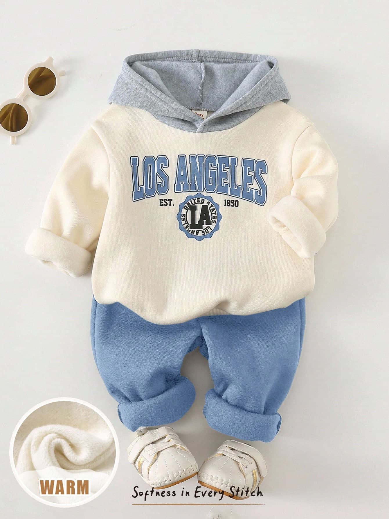 Cozy Pixies Baby Boy Letter Pattern Knit Soft Round Neck Long Sleeve Colorblock Hooded Sweatshirt Elastic Waist Long Autumn Winter Pants 2pcs Set