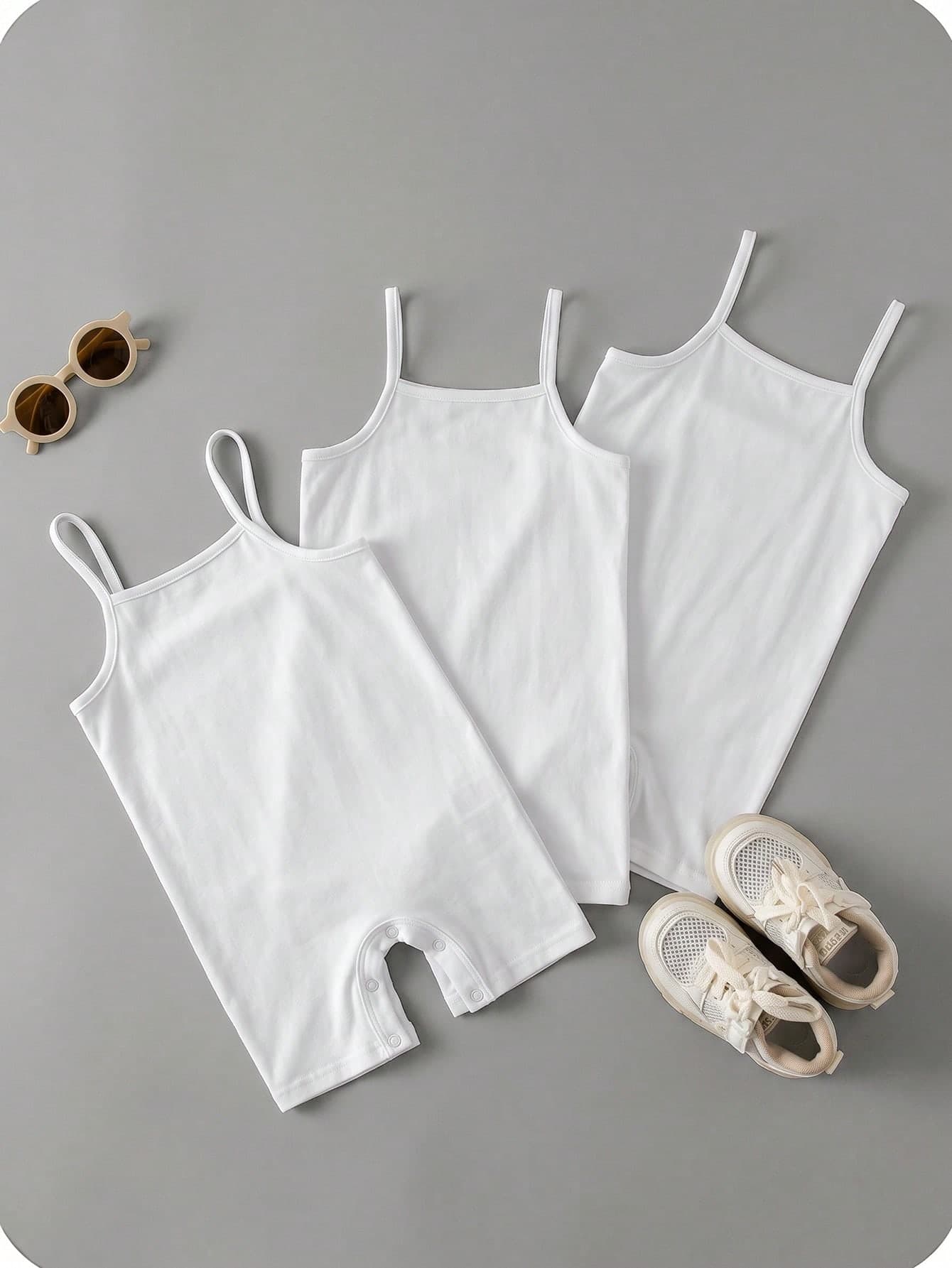 SHEIN Babygirl Summer Cute Simple Solid Color Elastic Strap Romper 3pcs Set