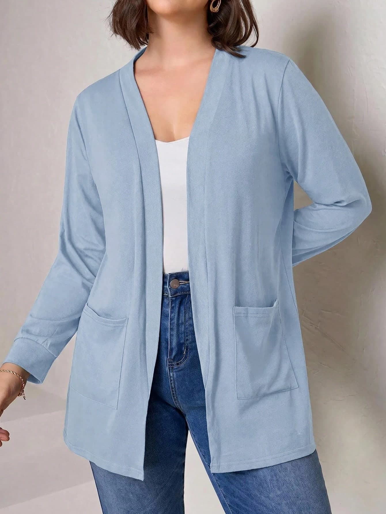 Chikora Plus Size Black Knit Pocket Loose Fit Cardigan With Pockets,Business Casual Woman Fall