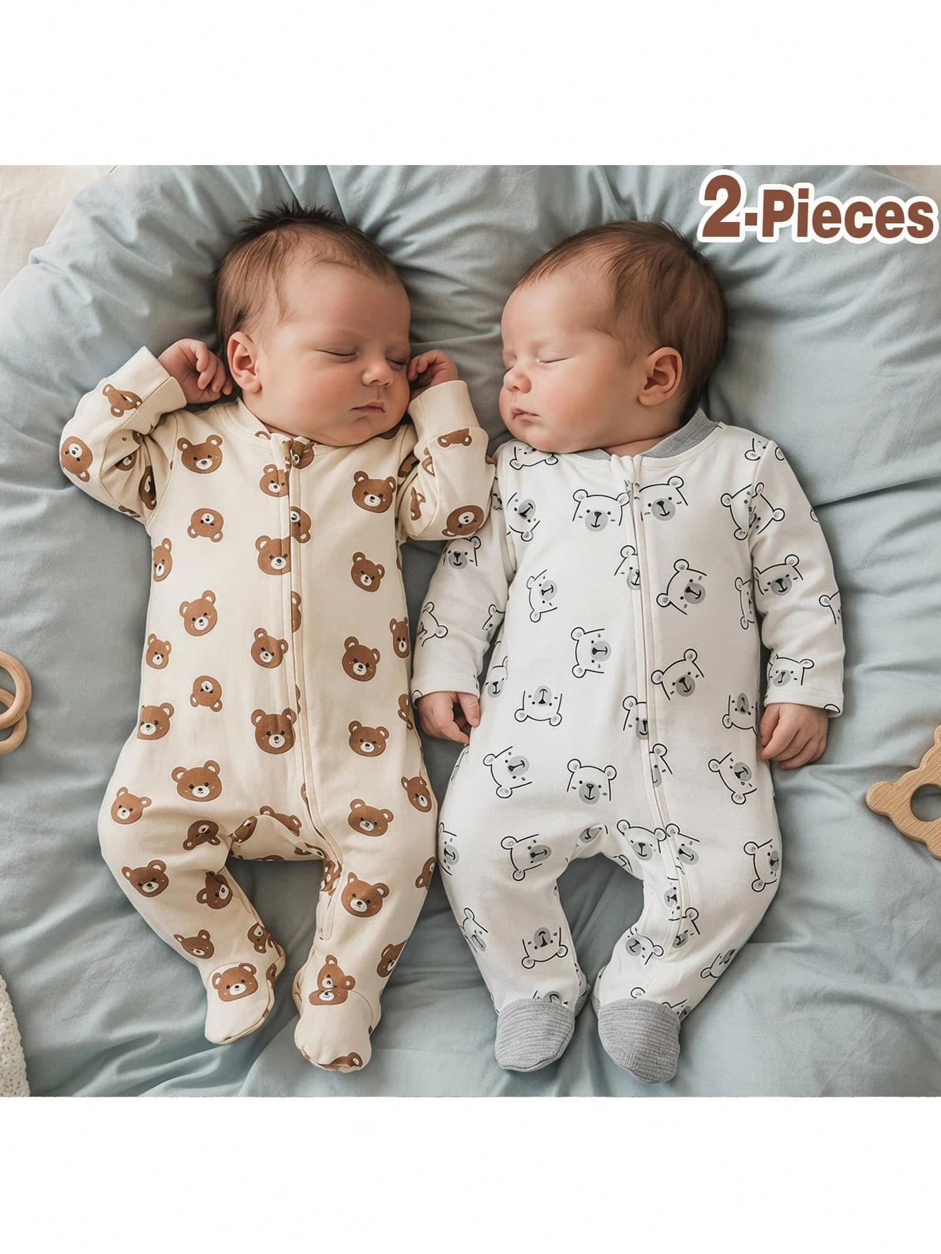 Loomiva Newborn Baby Girl Babyboy Cute Cartoon Bear Pattern Knitted Soft Round Neck Long Sleeve Bodysuit & Footed Pants 2pcs Set
