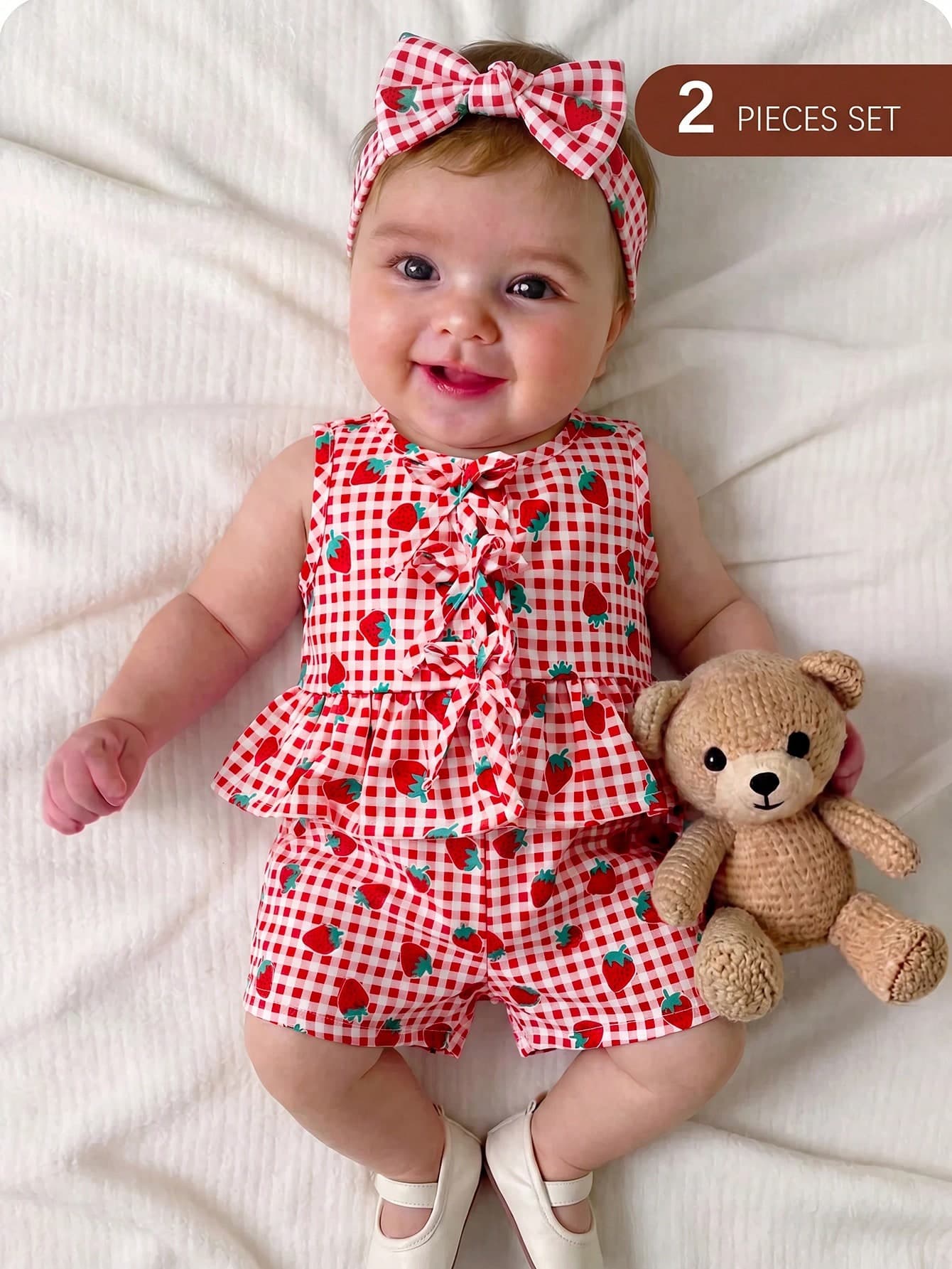 Newborn Baby Girl Vacation Casual Cute Red & White Strawberry Plaid Print Tank Top & Shorts Set