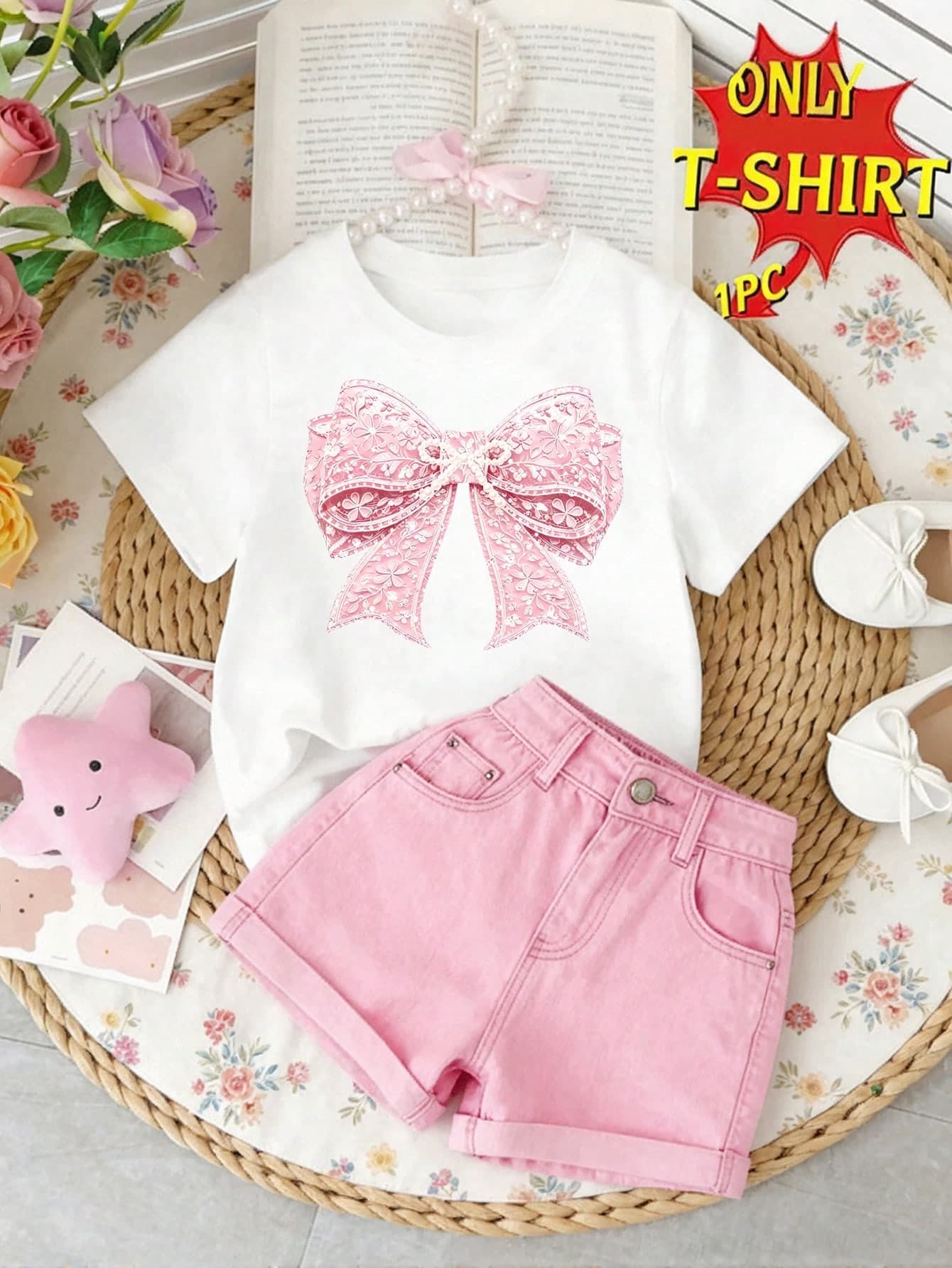 Elladie kids Girls' Fresh Minimalist Pink Floral & Bow Print Basic White Short Sleeve T-Shirt, Comfortable Summer Daily Outfit