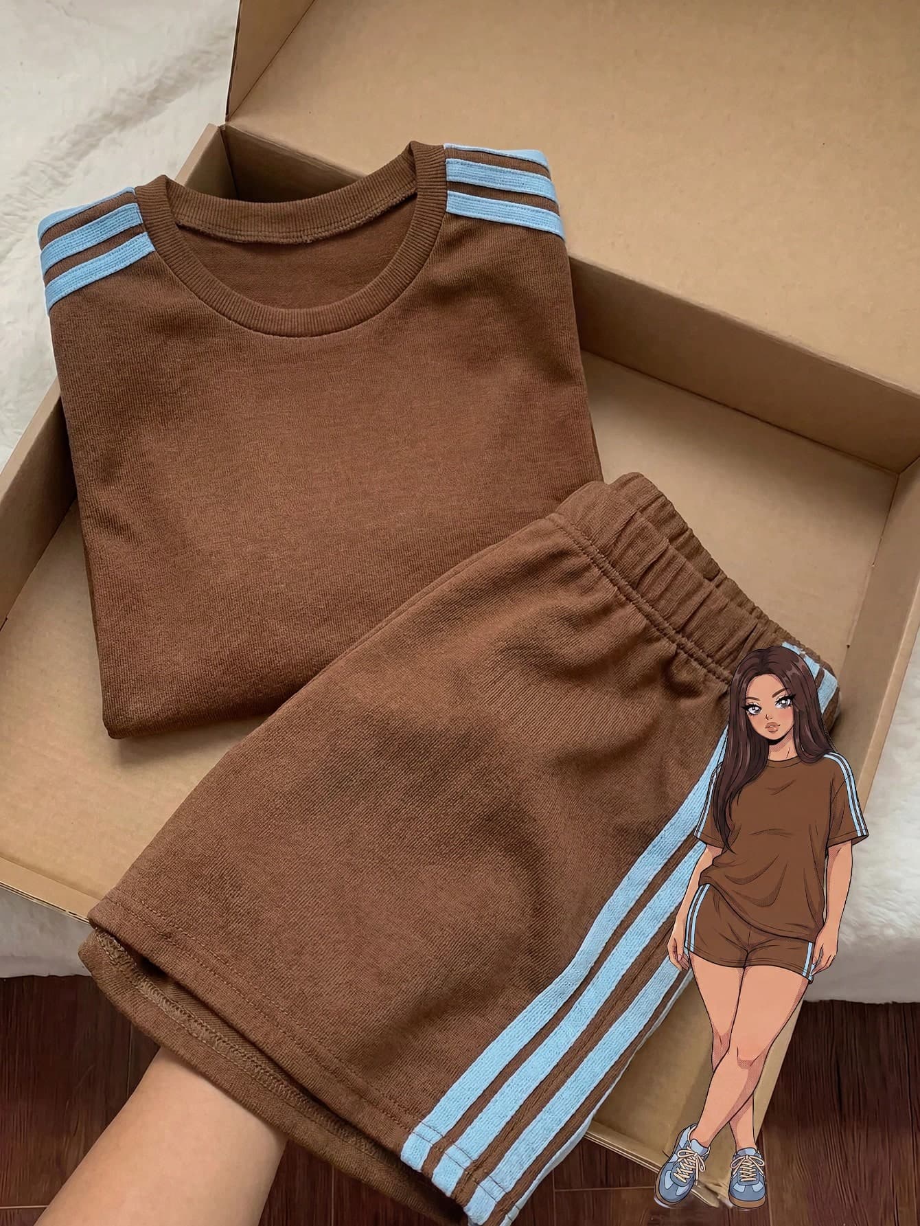 Comfortcana Plus Size Summer Casual Smart Casual Color Block Brown T-Shirt And Shorts 2pcs Set Gym