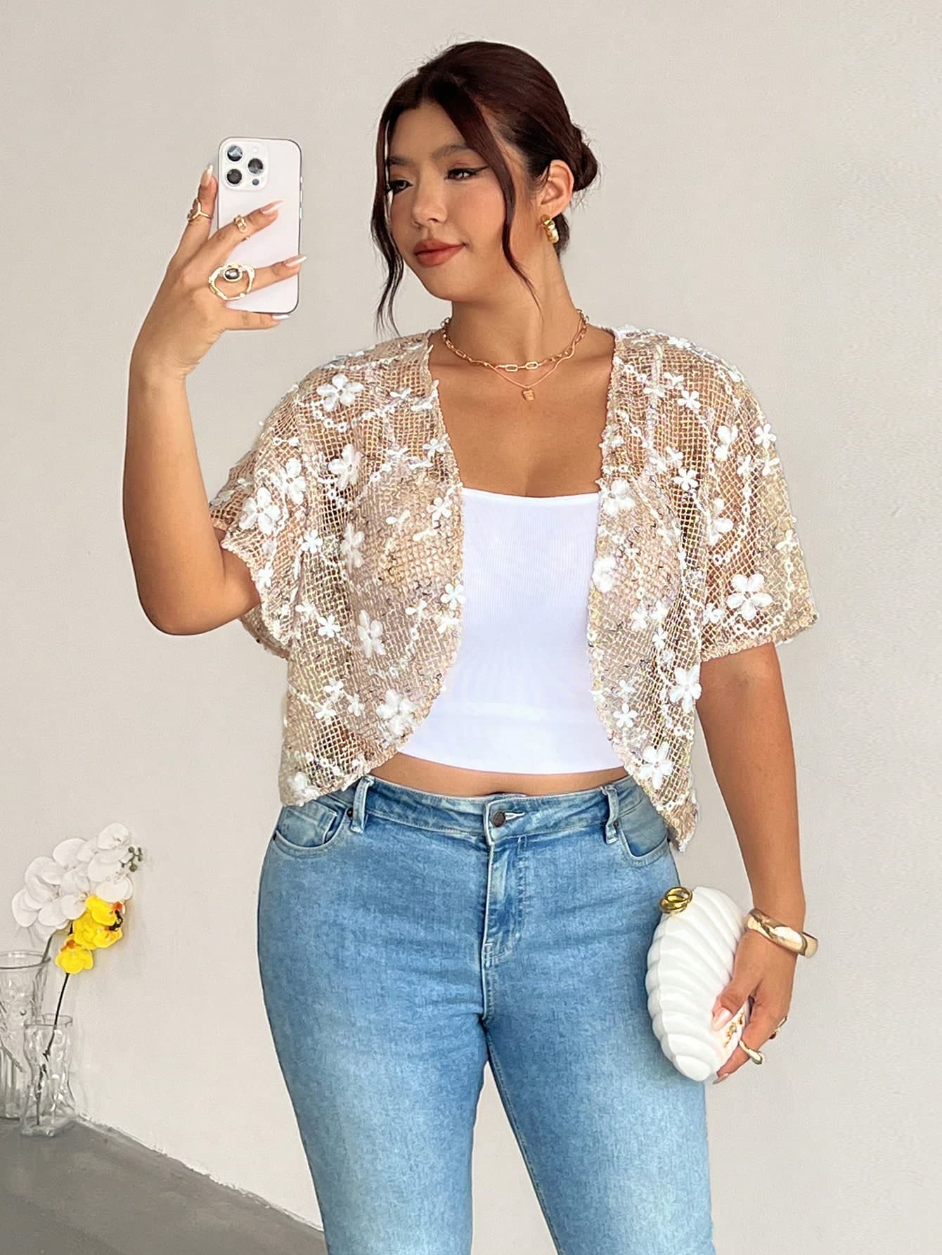 Firerie Plus Size Women's Applique Decorated Hollow Out Short Sleeve Open Front Jacket Summer Formal Elegant Vacation Daily Cocktail Evening Going Out Jacket