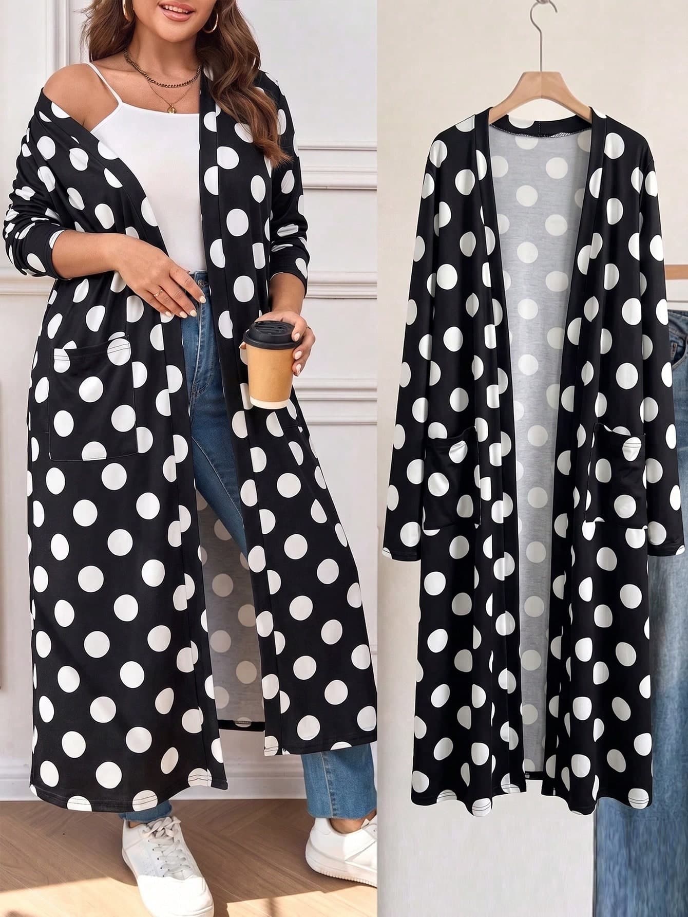 EMERY ROSE Plus Size Country Casual, Elegant, Casual Daily Loose Black And White Long Open Front Women's Cardigan With Pockets, Spring/Autumn, Minimalist, Long Sleeve Plus Size Coat