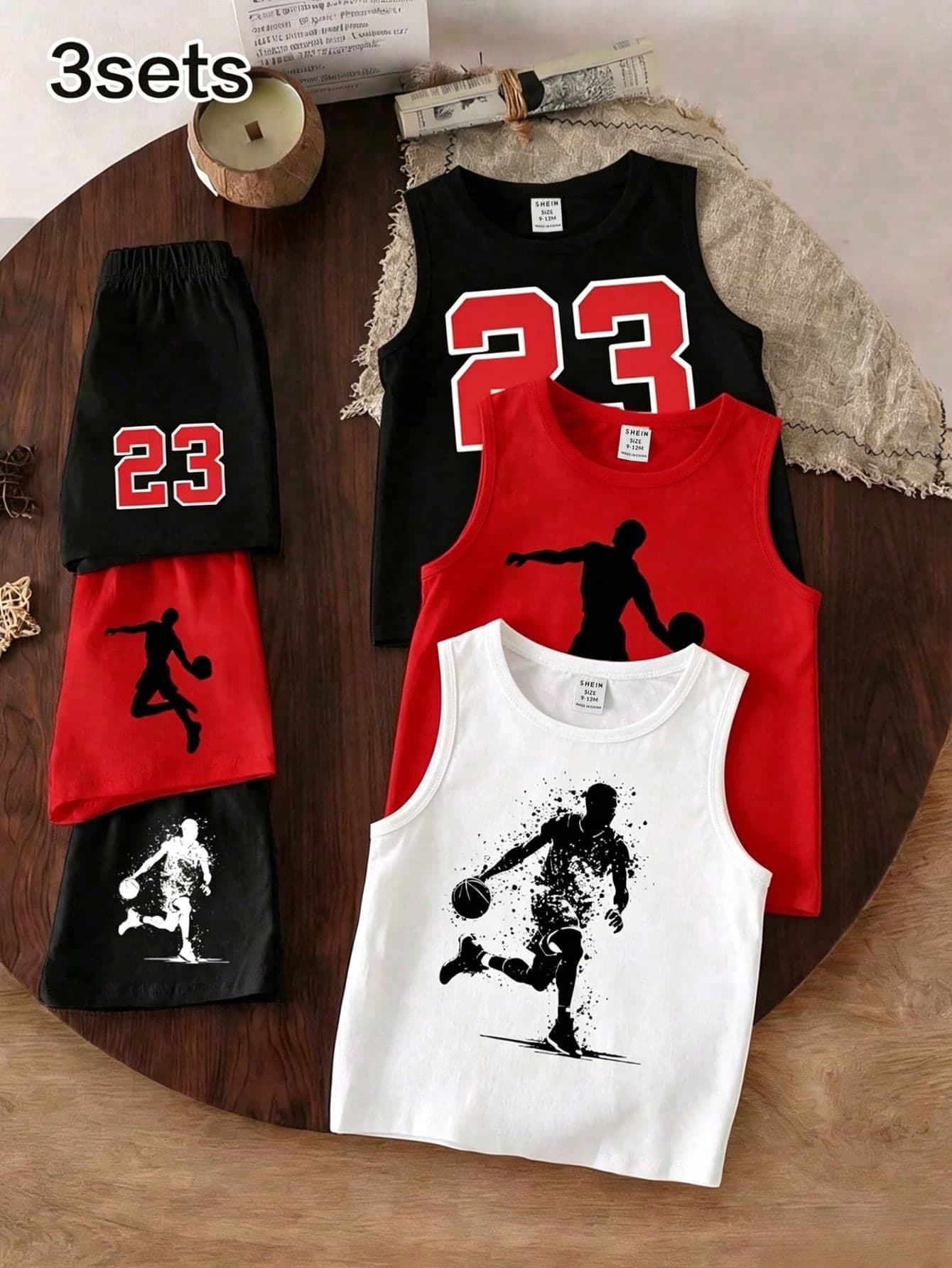 3 Sets Baby Boy Sports Street Basketball Print White Tank Top With Matching Pattern Black Shorts, Basketball Silhouette Print Red Tank Top