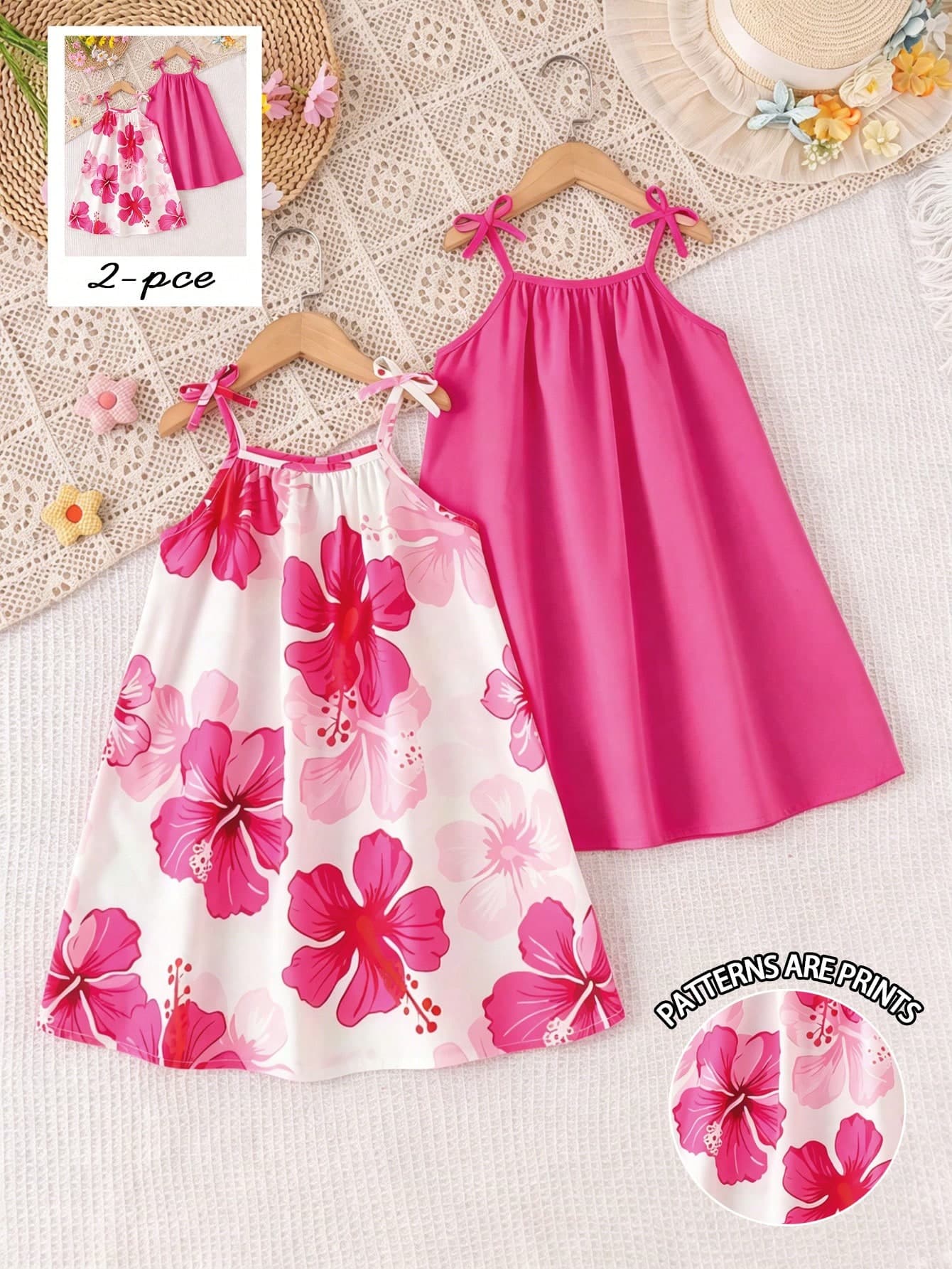 SHEIN Playful Pals Young Girls 2pcs/Set Bohemian Casual Colorful Hibiscus Print Bow Strap A-Line Soft Dress, Full Of Summer Vitality And Youthful Spirit, Suitable For Outings And Summer Vacations