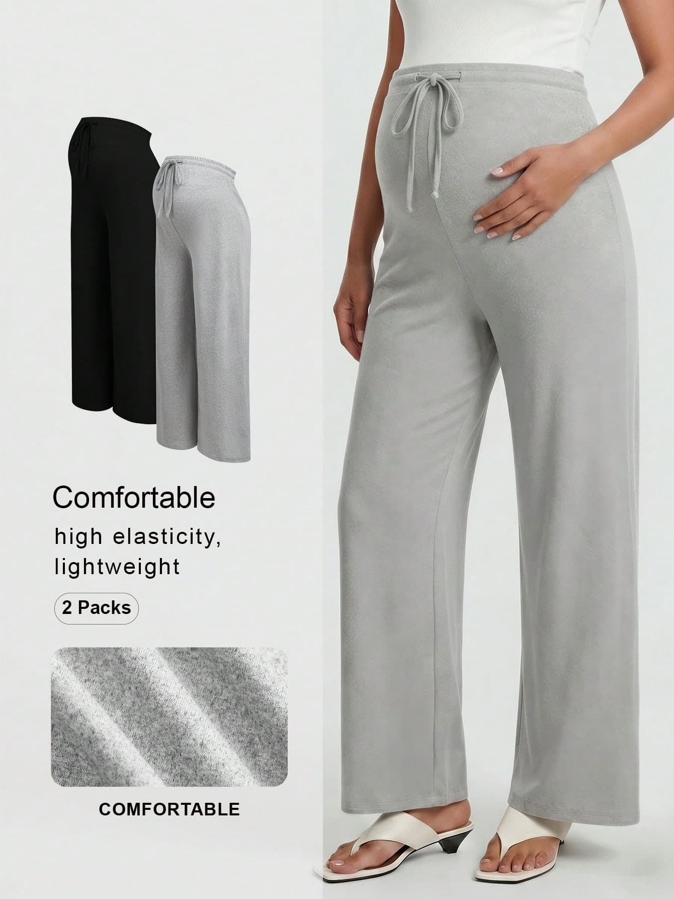 Modmama Pregnant Women's Solid Color Drawstring Waist Wide Leg Loose Casual Pants Lounge Spring