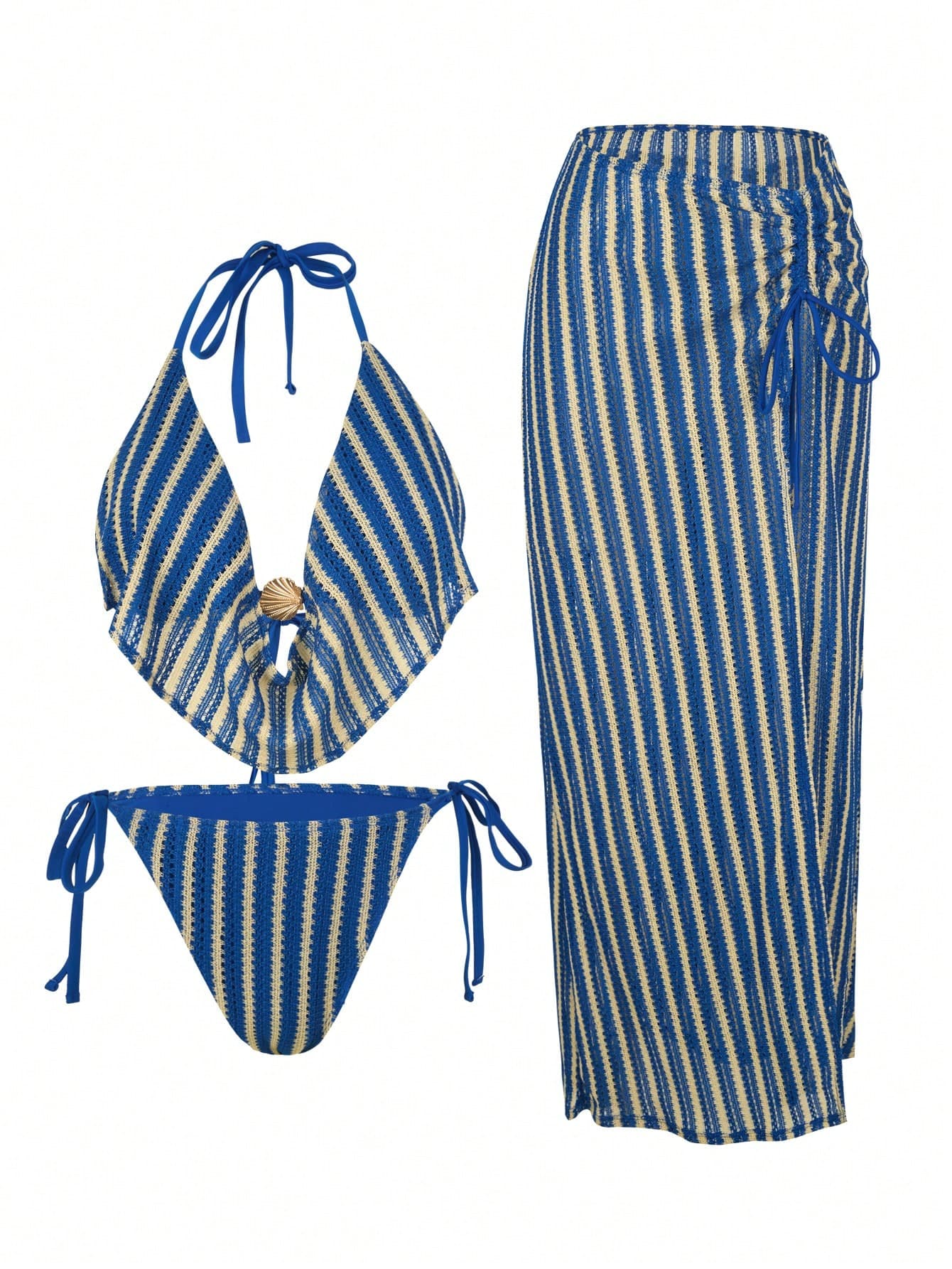 Swim Oasis Plus Size Women's Summer Beach Striped Halter Neck Tie Sexy Bikini And Triangle Bottoms Two-Piece Swimsuit Set With Skirt