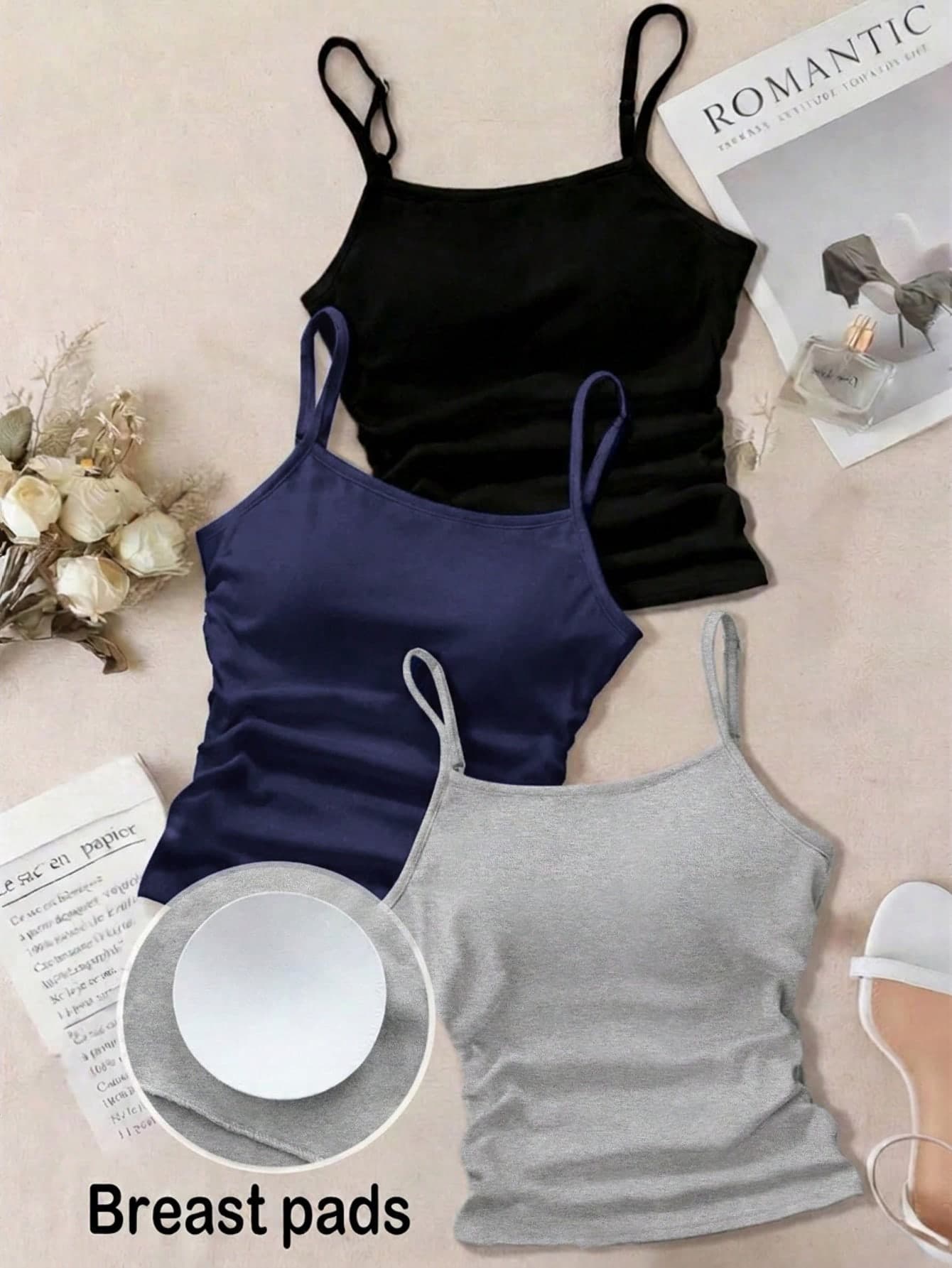 SHEIN Kids Tween Girl Tween Girls Spring Summer Black Grey Navy Blue Knit Camisole Adjustable Strap Padded Underwear Tank Top 3pcs Set