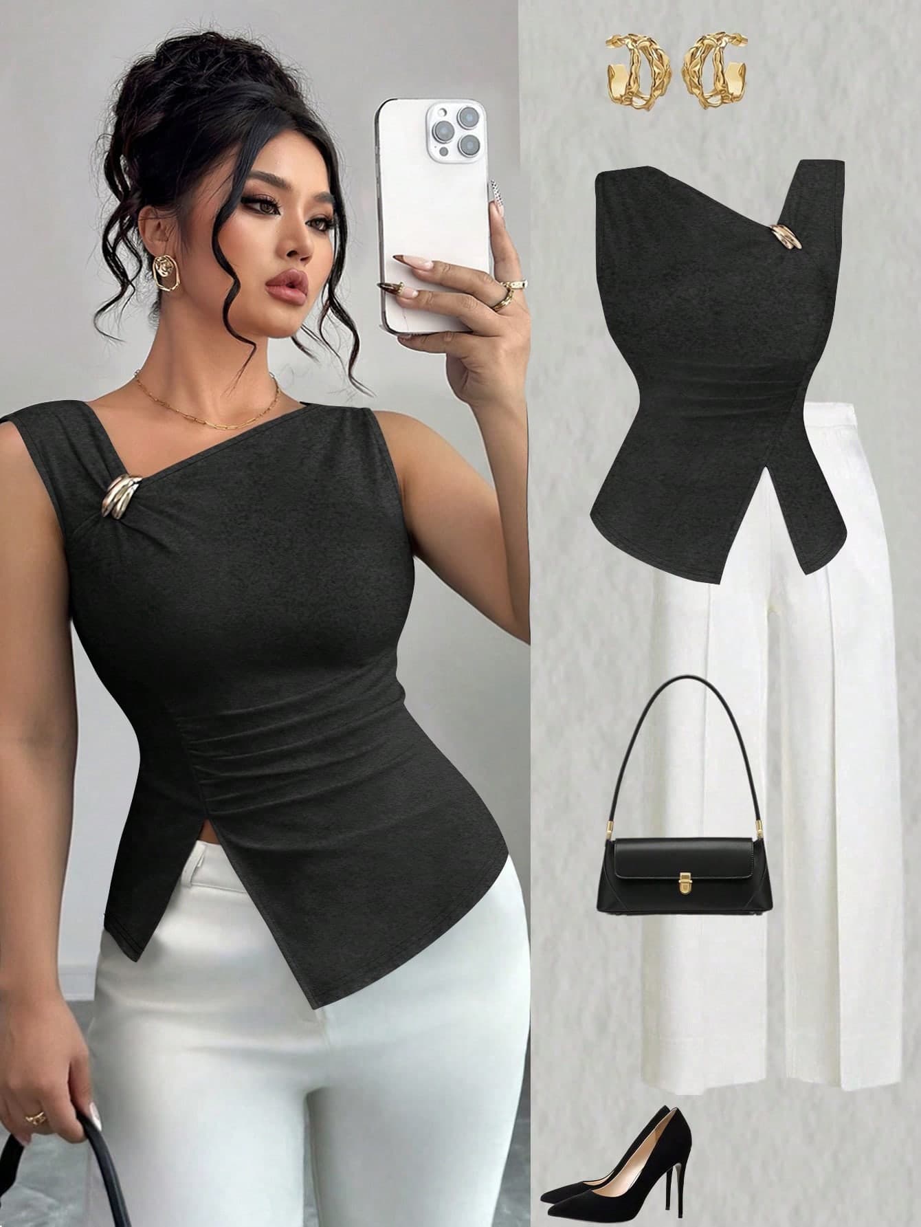 Elenzga Plus Size Women's Simple Elegant Sleeveless Tank Top With Side Slit Hem Office Black Summer