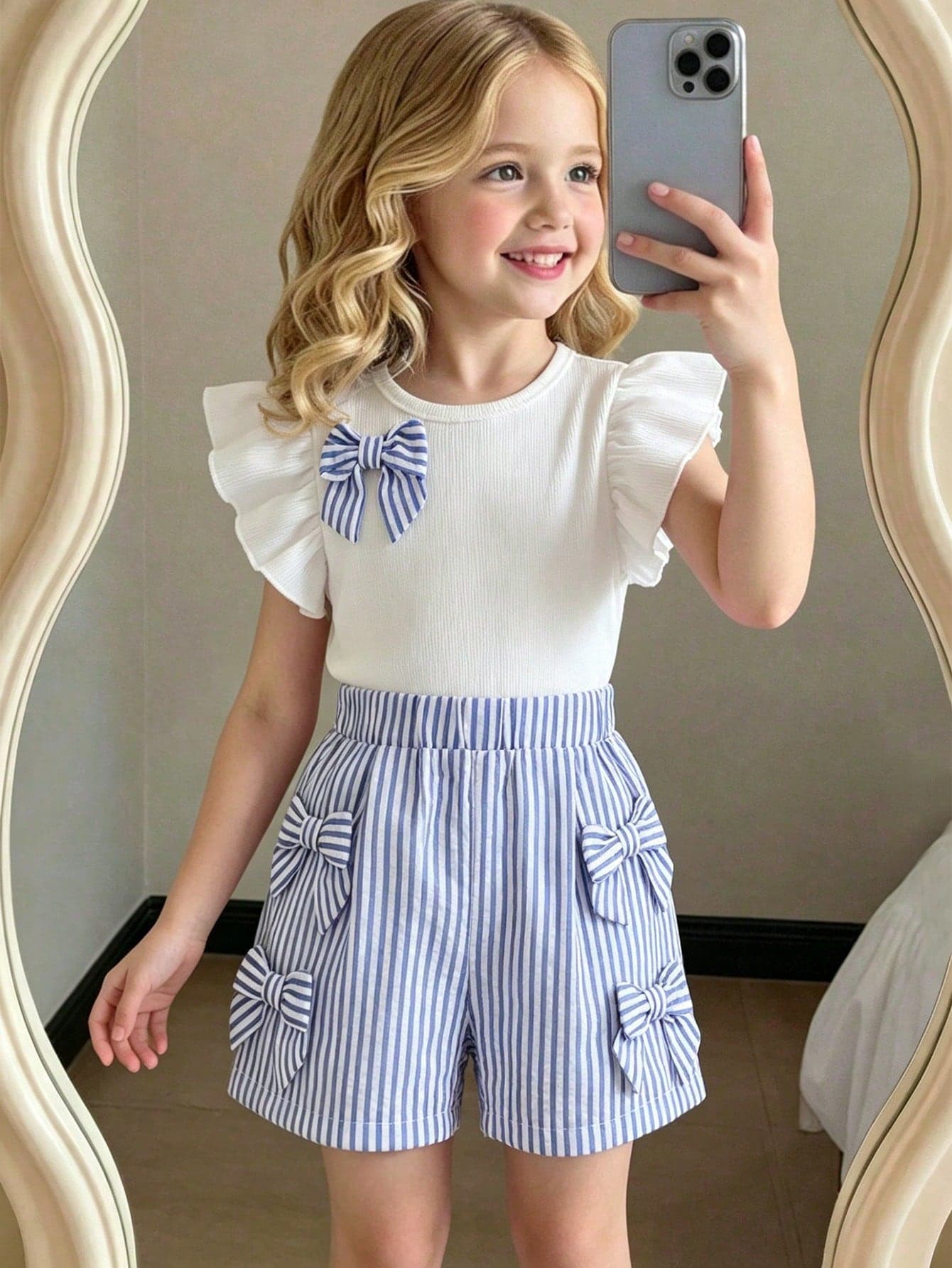 Elladie kids Young Girls' Sweet Energetic Contrast Color Bow Textured Flutter Sleeve Top + Bow Decor Ribbed Shorts 2pcs Set, Casual Outfit
