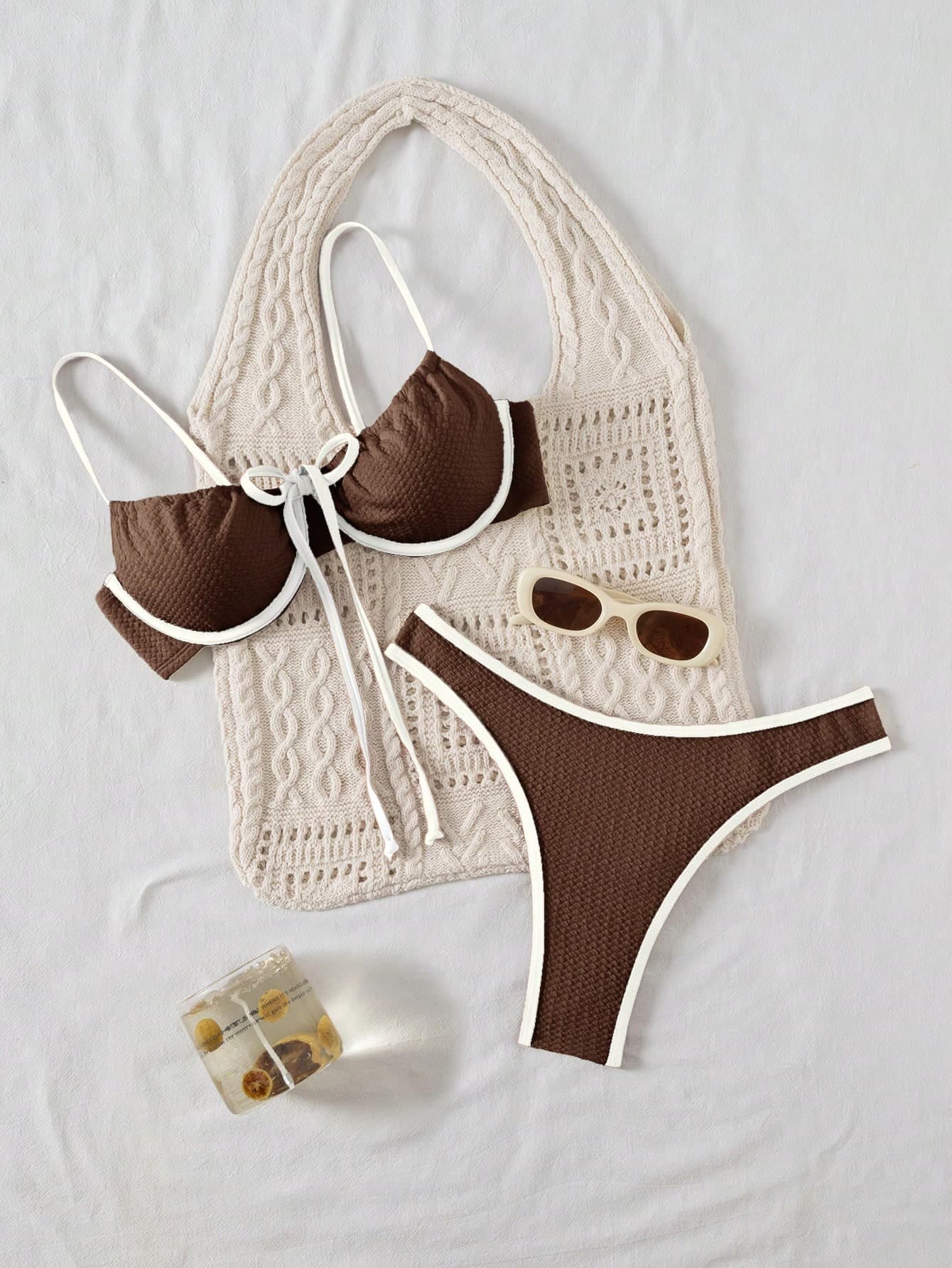Bellisia Women's Vacation Beach Contrast Trim Swimsuit Set For Summer