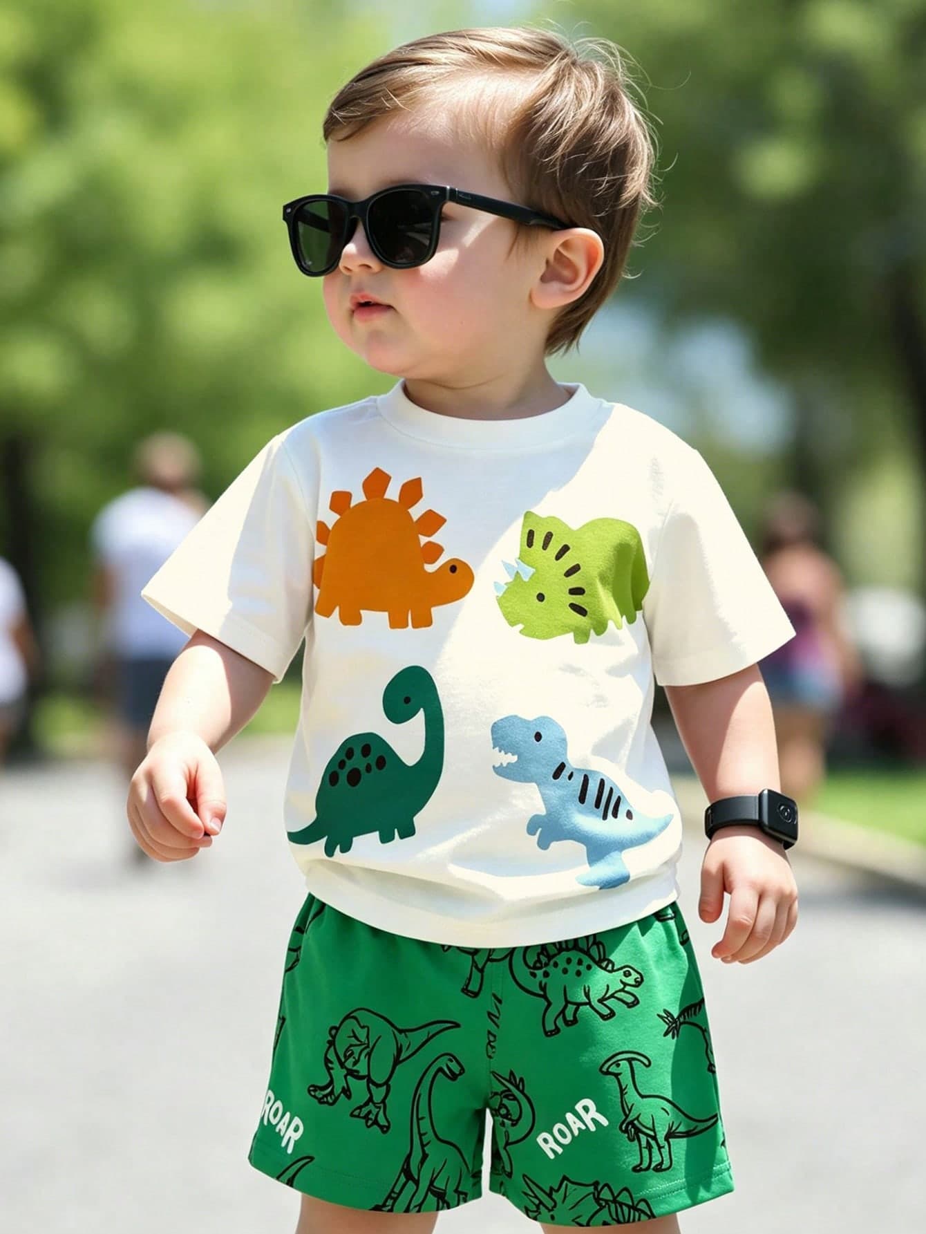 SHEIN Playful Pals 2pcs Green Baby Boy Casual Cute Cartoon Dinosaur Crew Neck T-Shirt And All-Over Print Shorts Set, Suitable For Summer