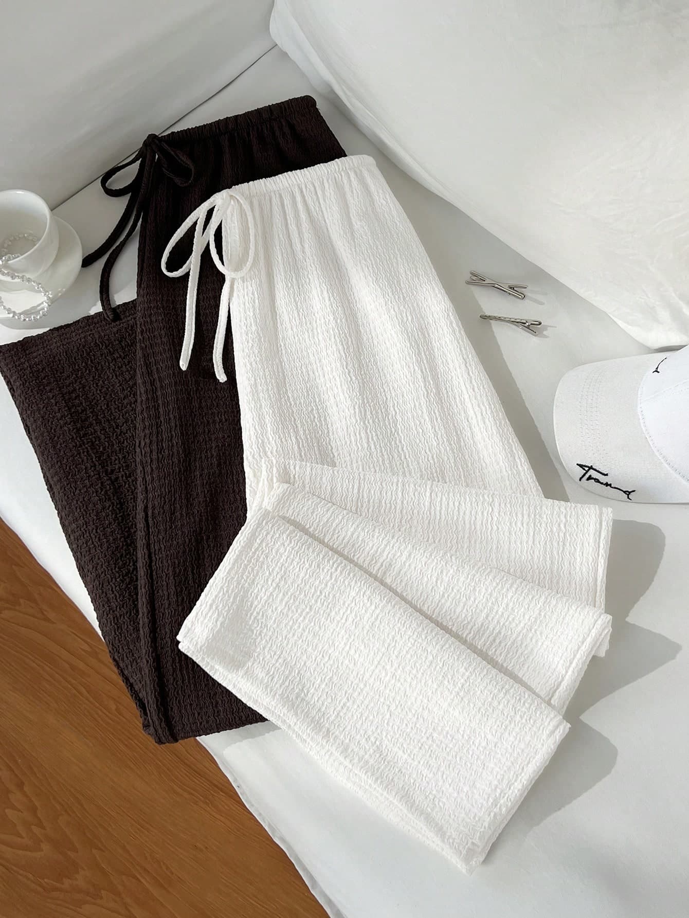 Sweetra Women's 2 Pieces Set White Summer Basic Casual Loungewear Lace-Up Straight Leg Pants,Vacation Travel Slim Fit Solid Color Trousers,Daily Commute